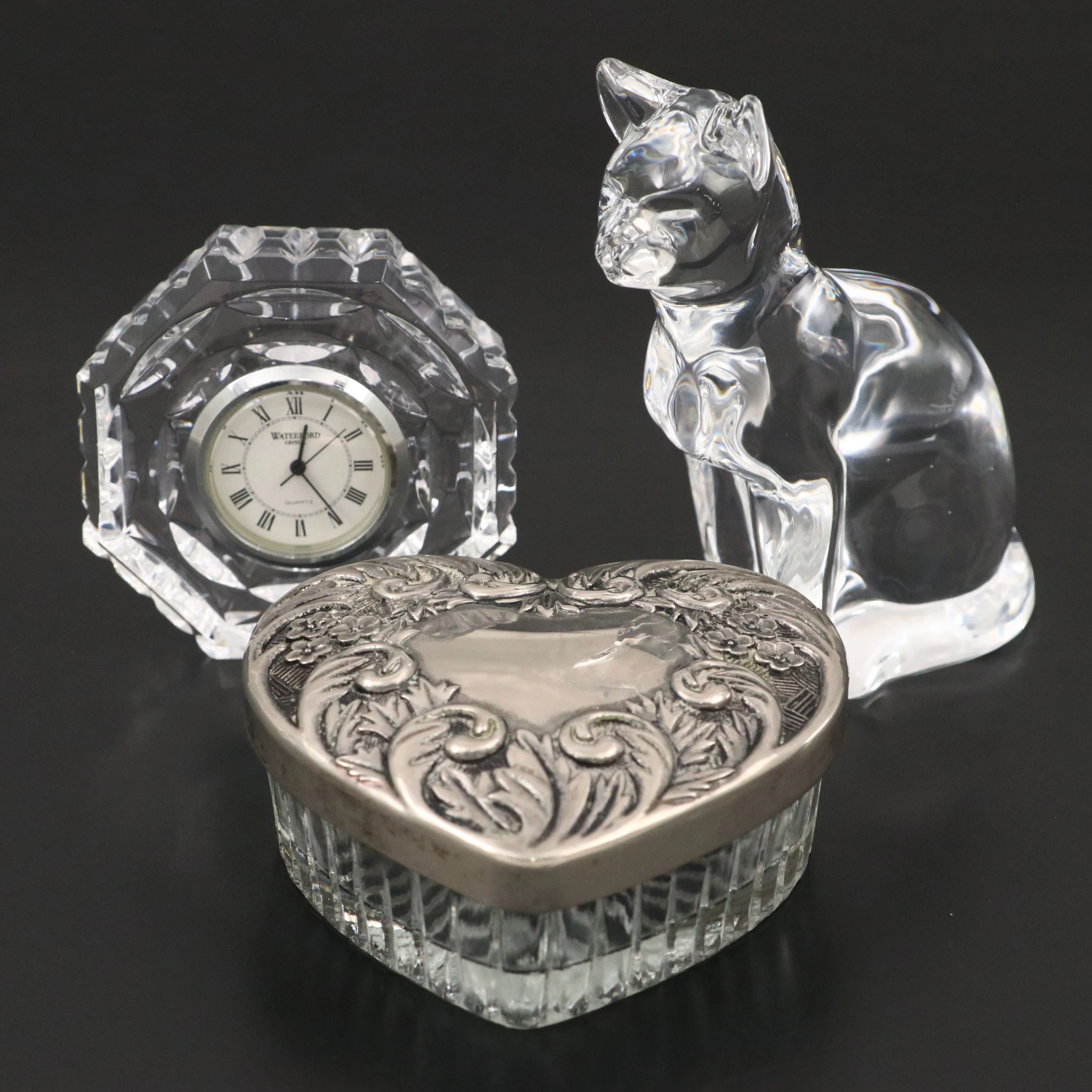 Waterford Crystal Octagonal Clock, Hadeland Cat Figurine and Heart-Shaped Box