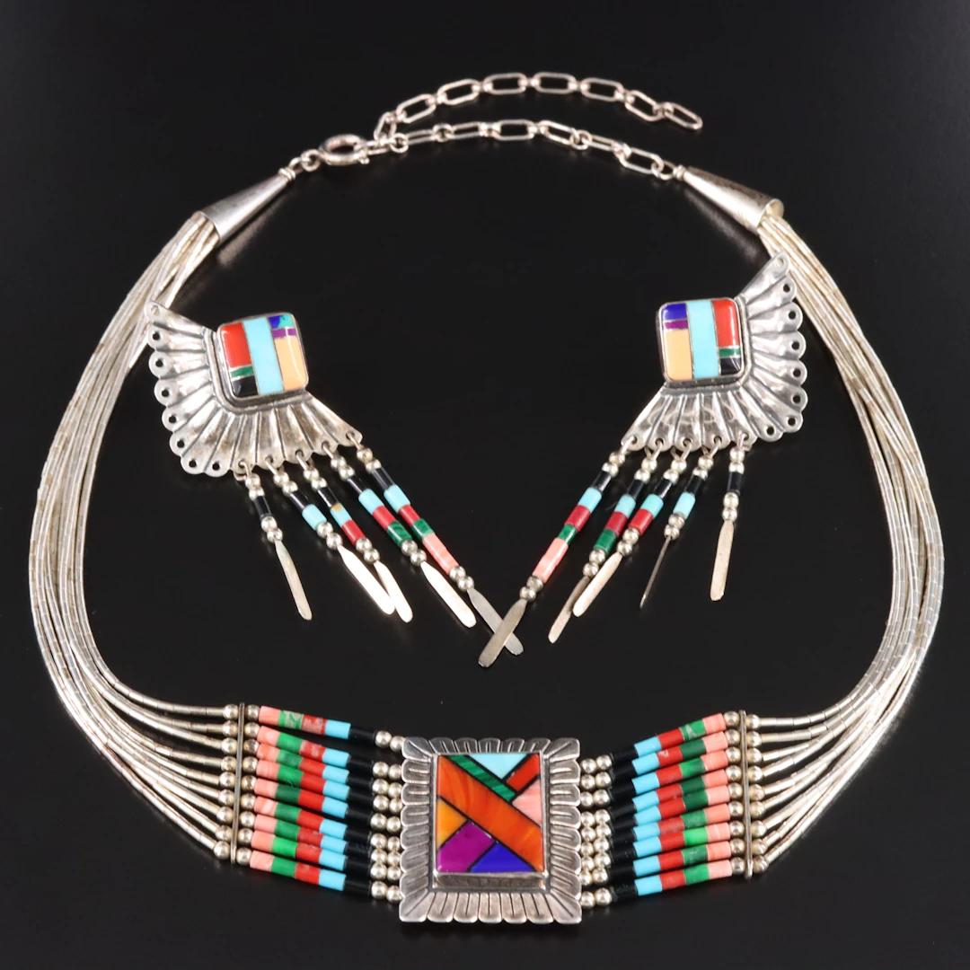 Quoc Turquoise Sterling Choker Necklace and Fringe Earrings