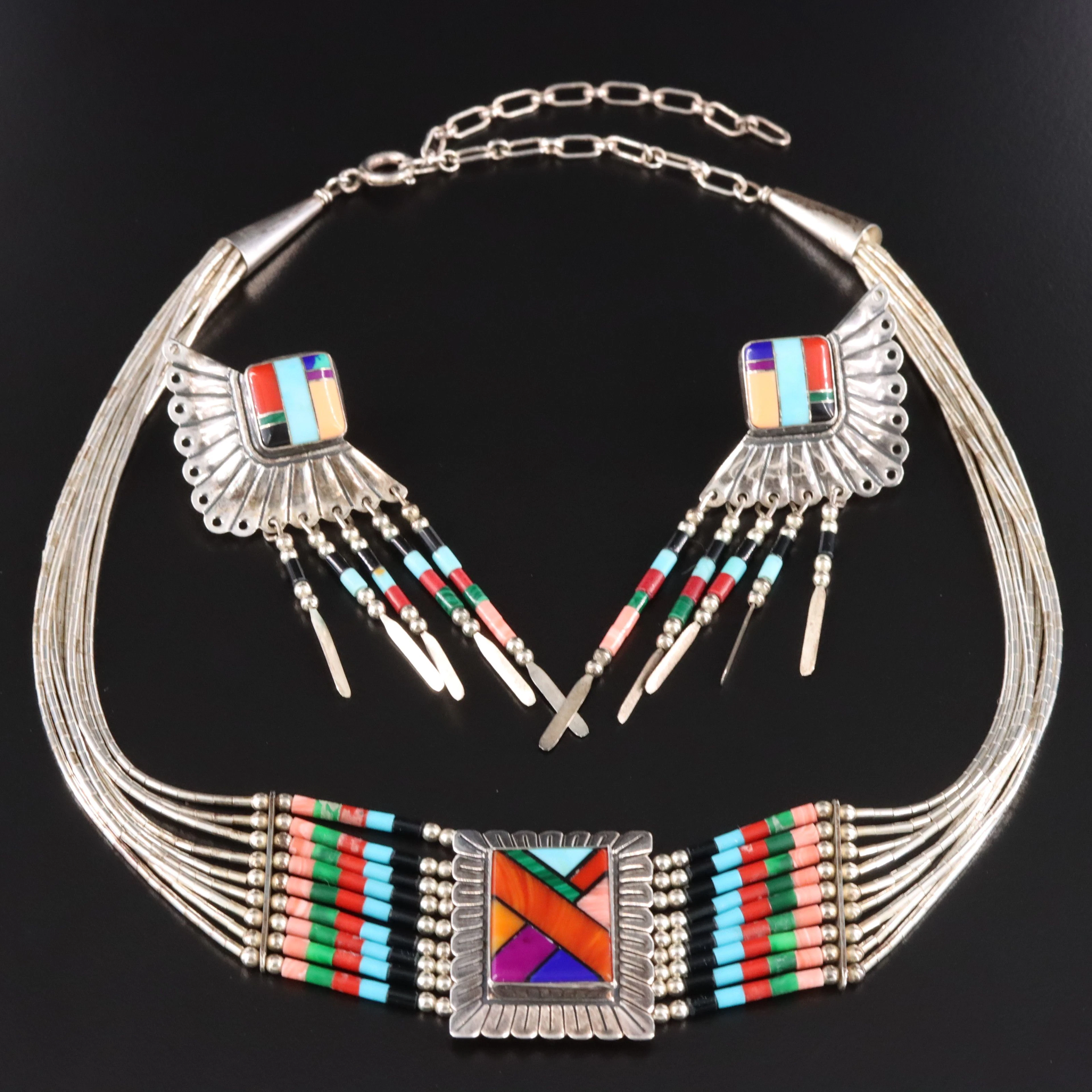 Quoc Turquoise Sterling Choker Necklace and Fringe Earrings