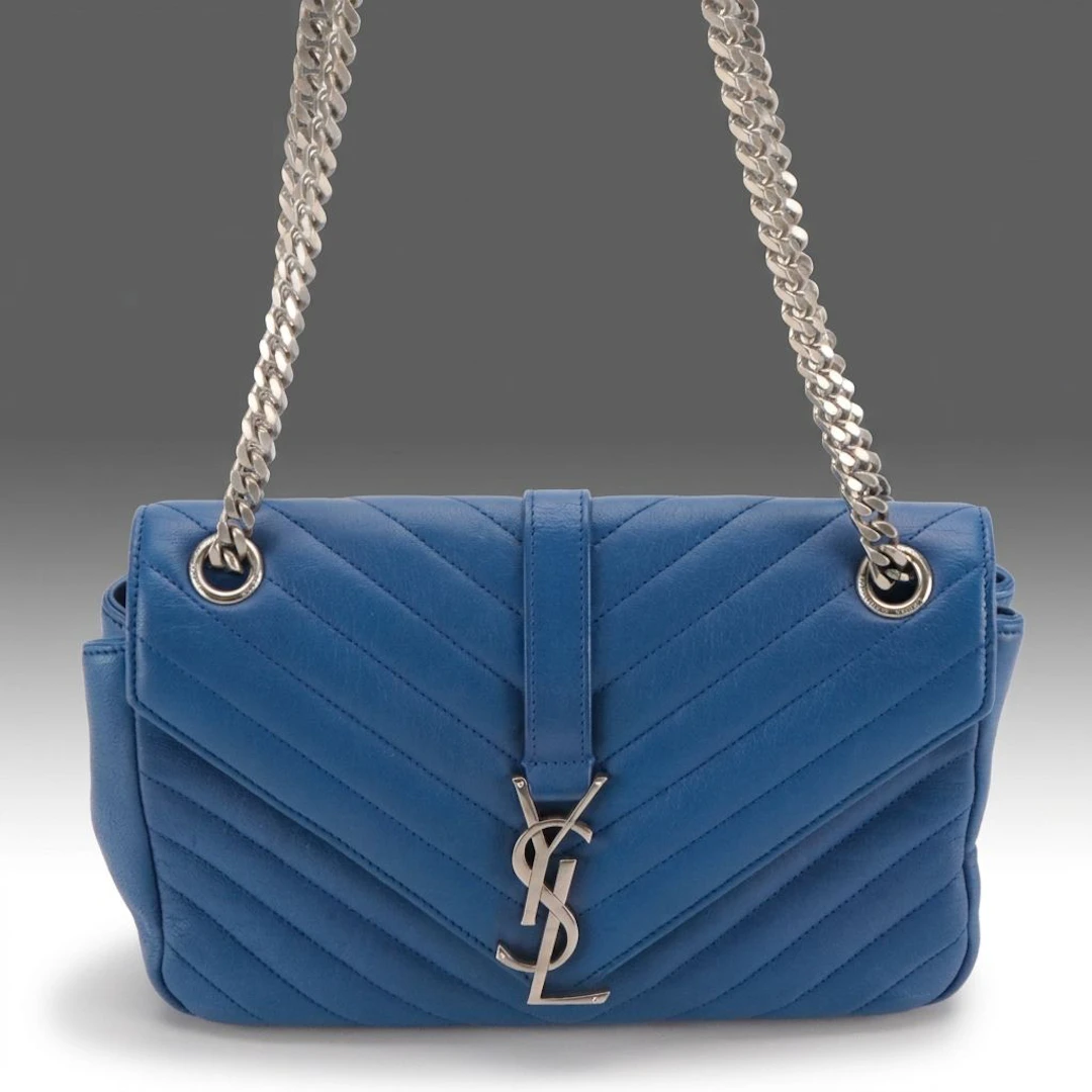 Saint Laurent Envelope Flap Shoulder Bag Blue Chevron Calfskin Leather