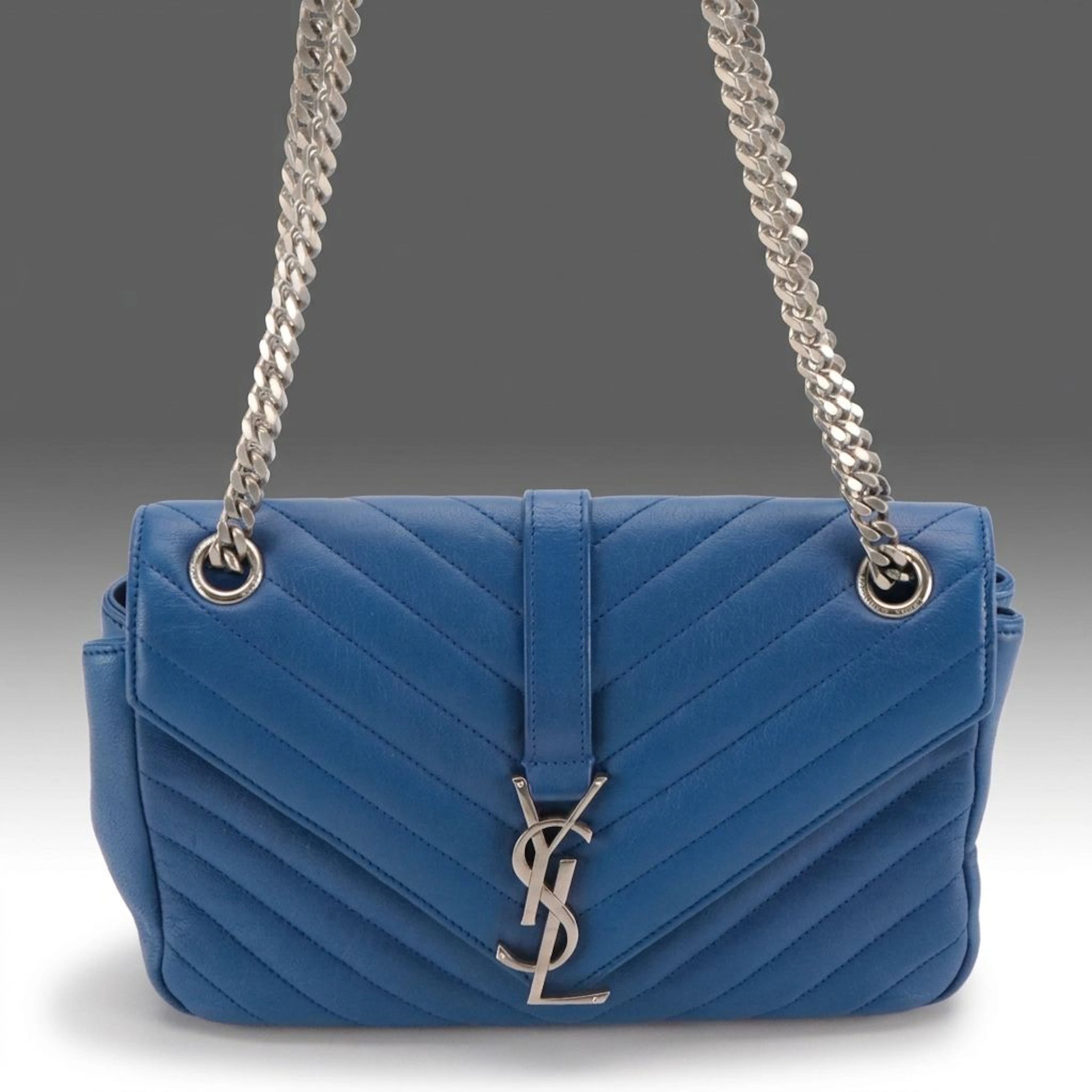 Saint Laurent Envelope Flap Shoulder Bag Blue Chevron Calfskin Leather