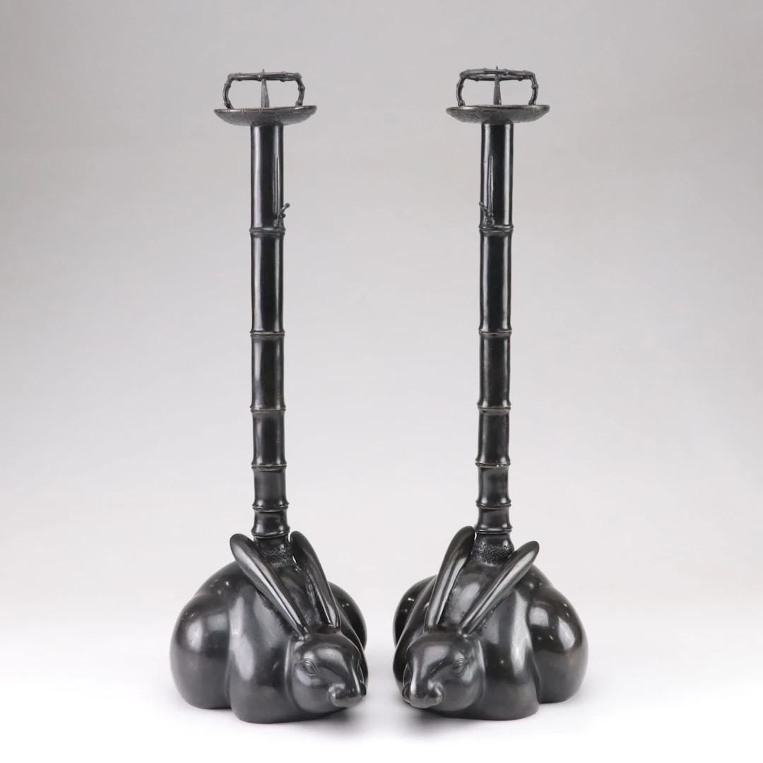 Pair of Taisho Style Black Patinated Bamboo Crouching Rabbit Candlesticks