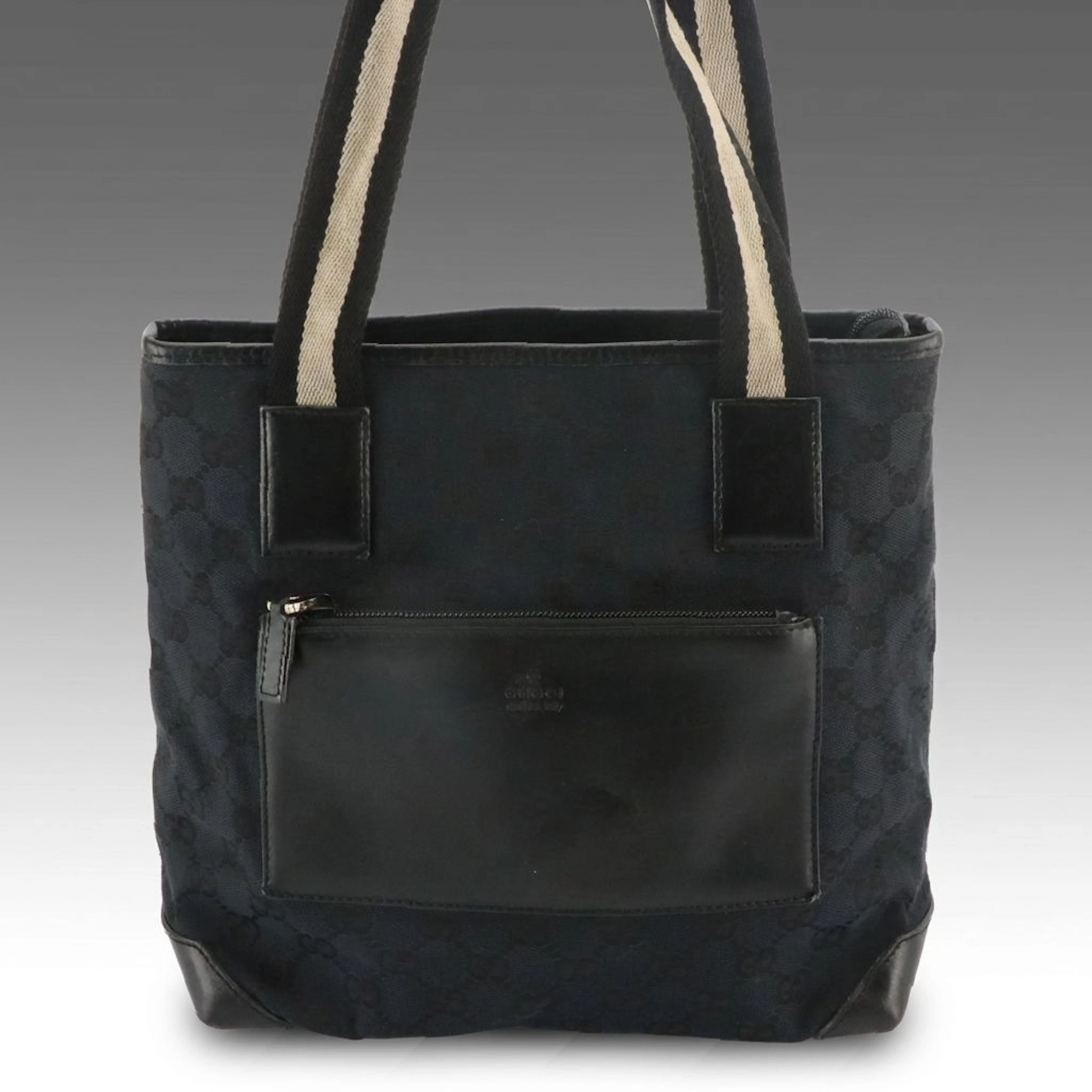 Gucci Front Pocket Zip Tote Bag in GG Canvas and Leather with Web Straps