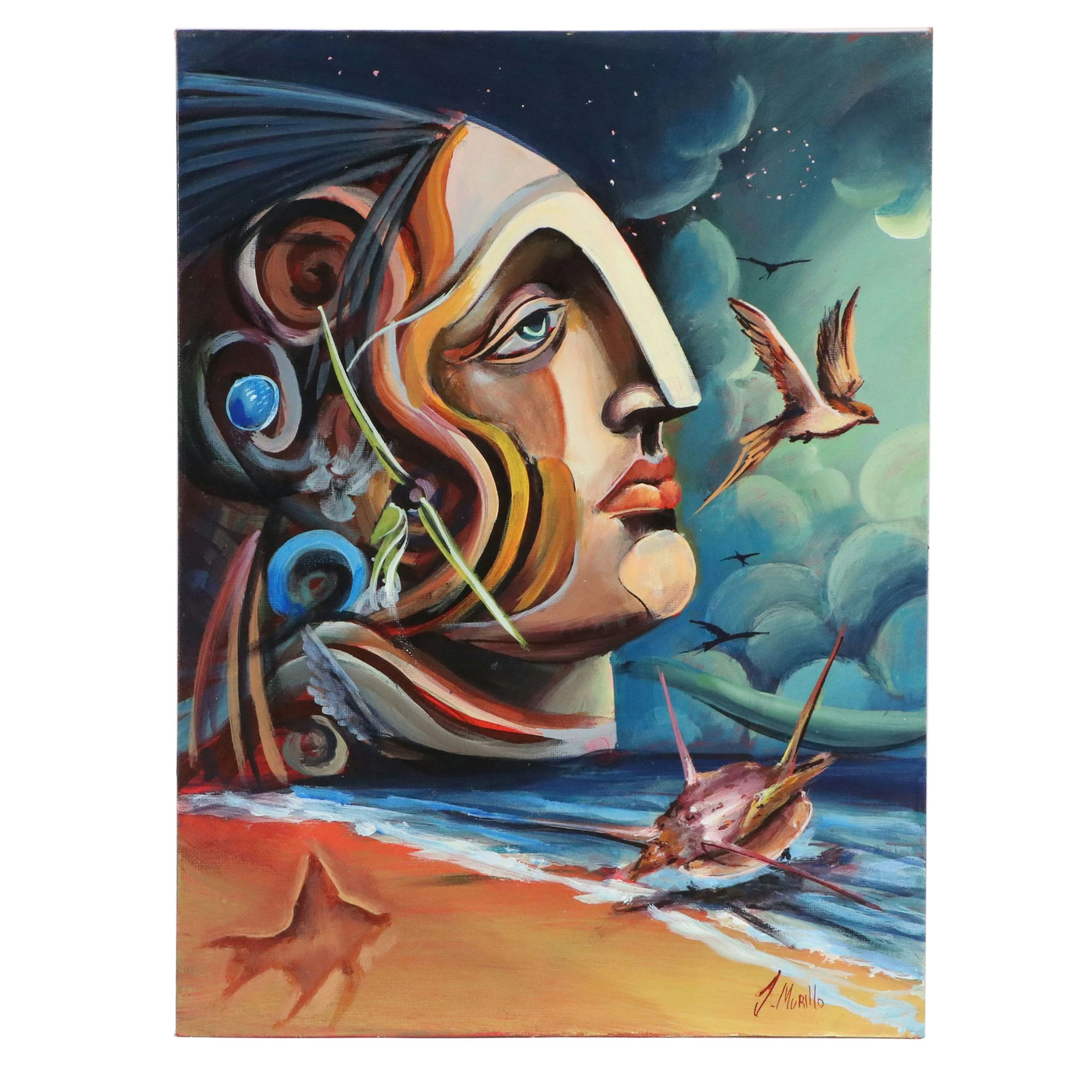 J. Murillo Surrealist Beach Scene Oil Painting, 21st Century