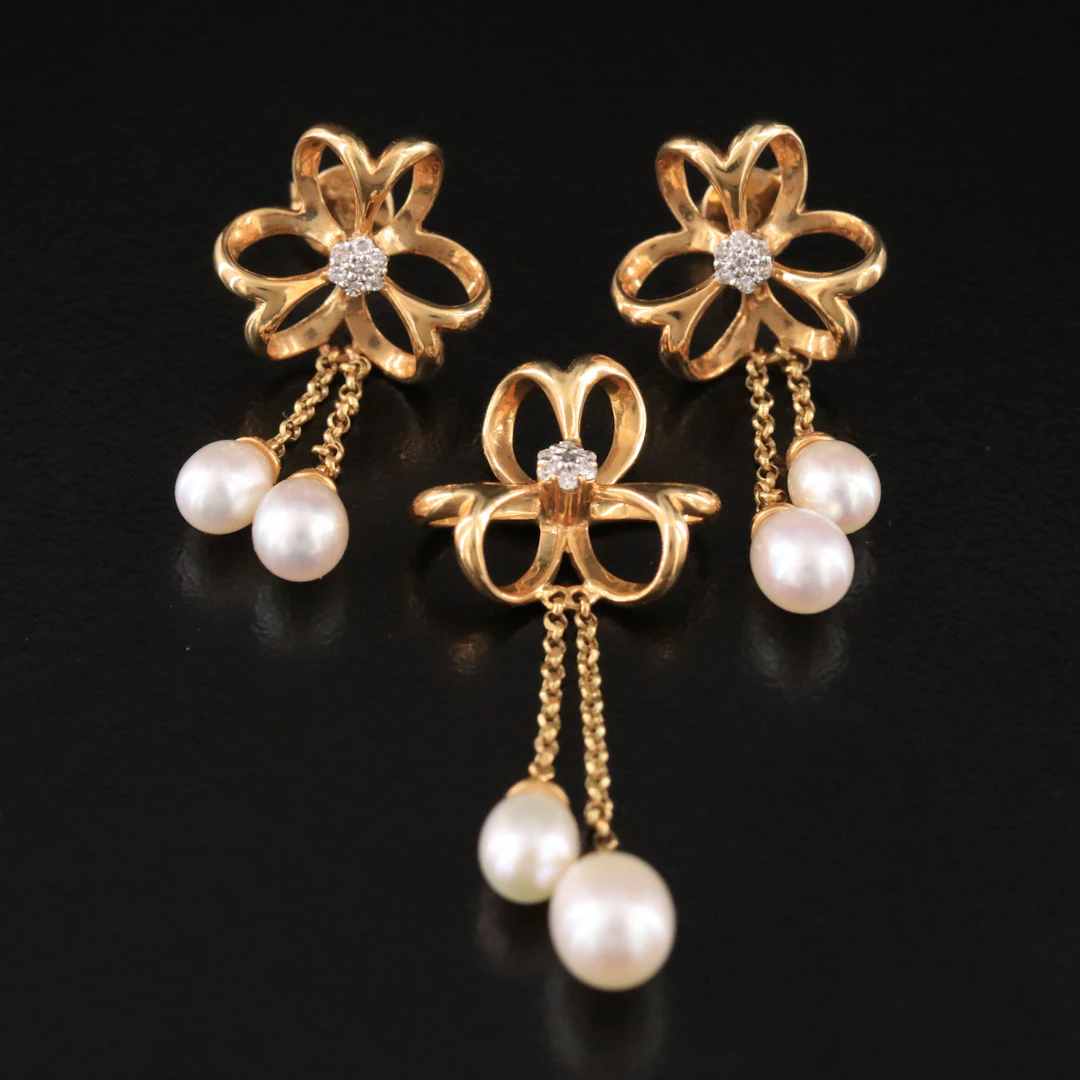18K Pearl and Diamond Floral Drop Earrings and Pendant
