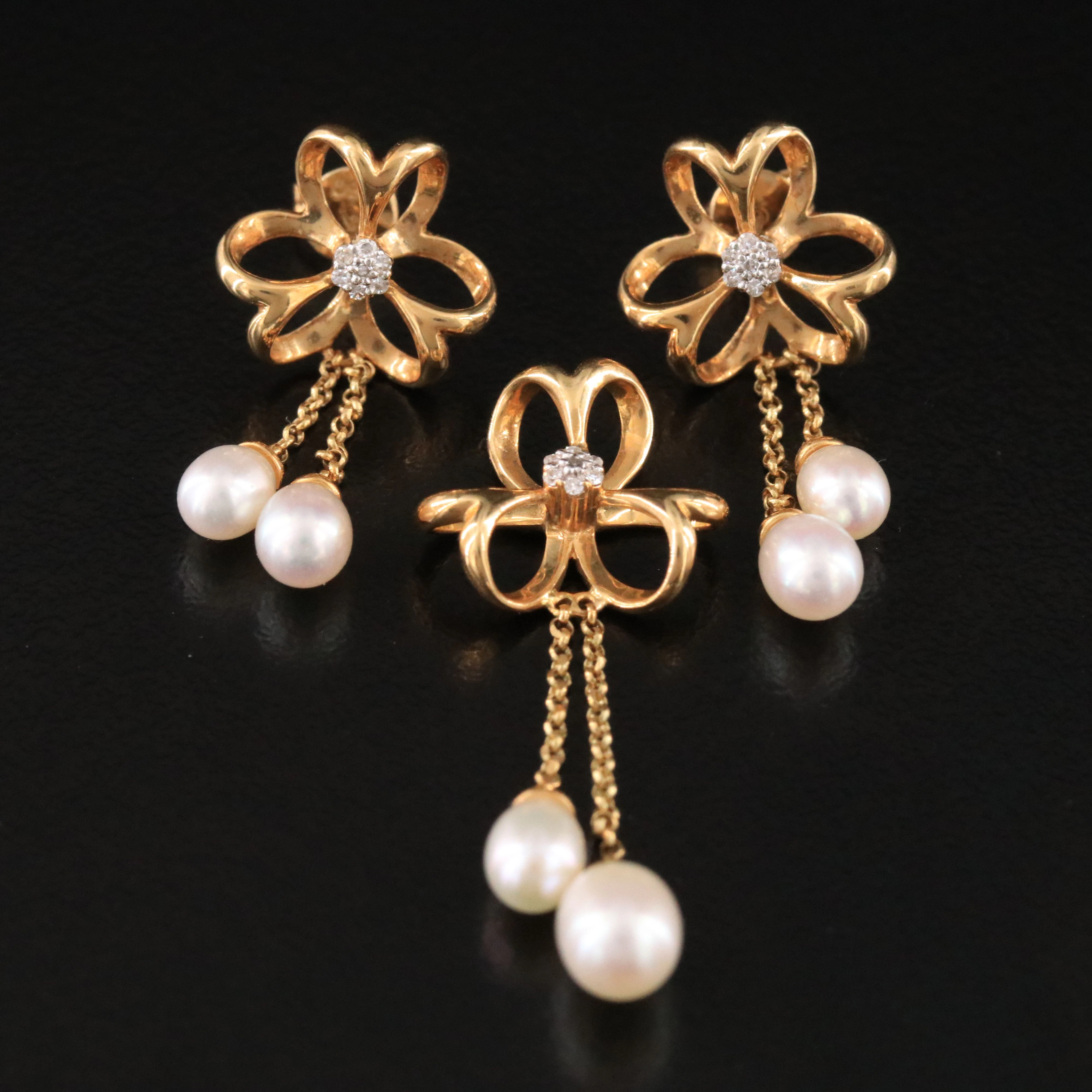18K Pearl and Diamond Floral Drop Earrings and Pendant