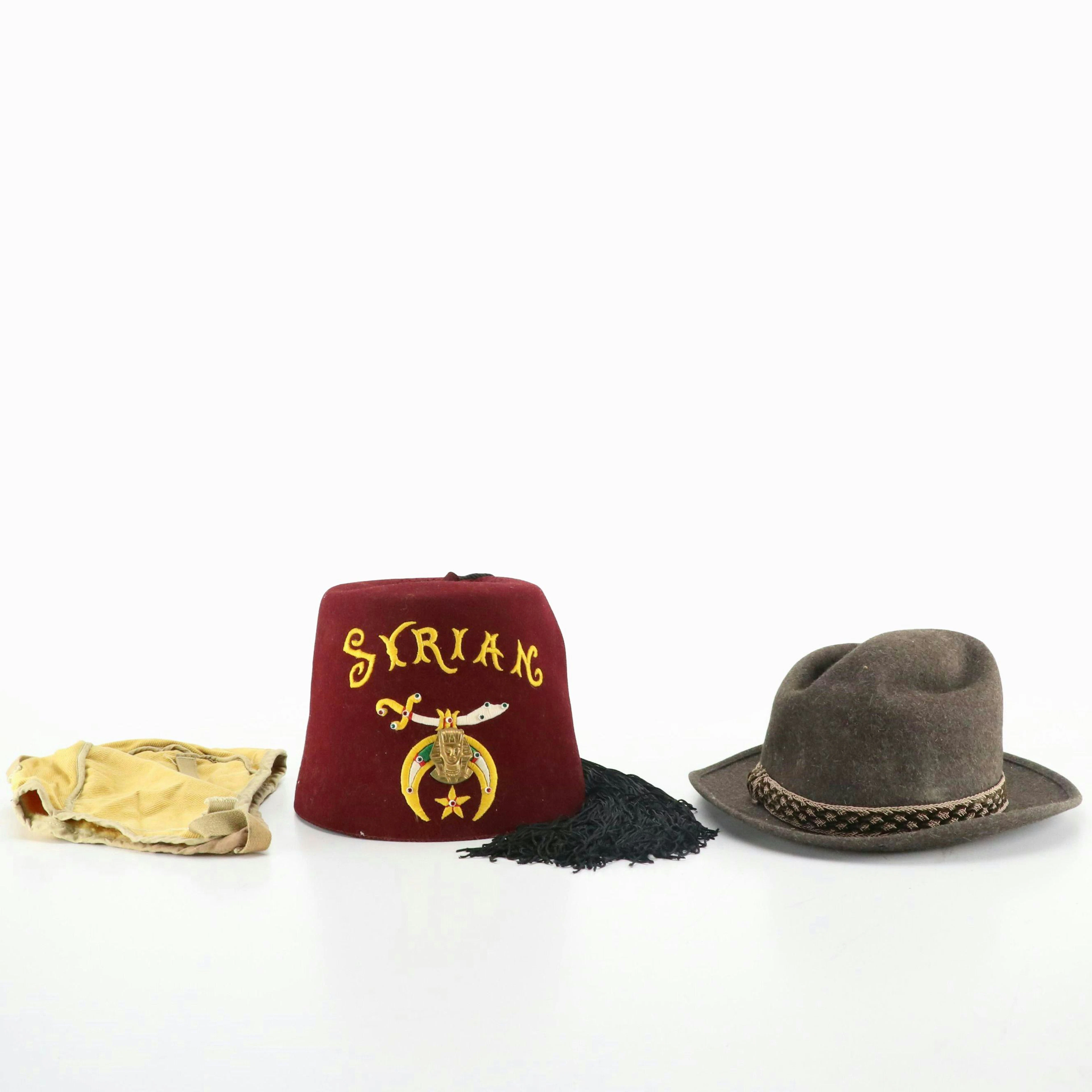 Richman Brothers Tweed Fedora, Shriners Fez Hat and Canvas Flying Hat