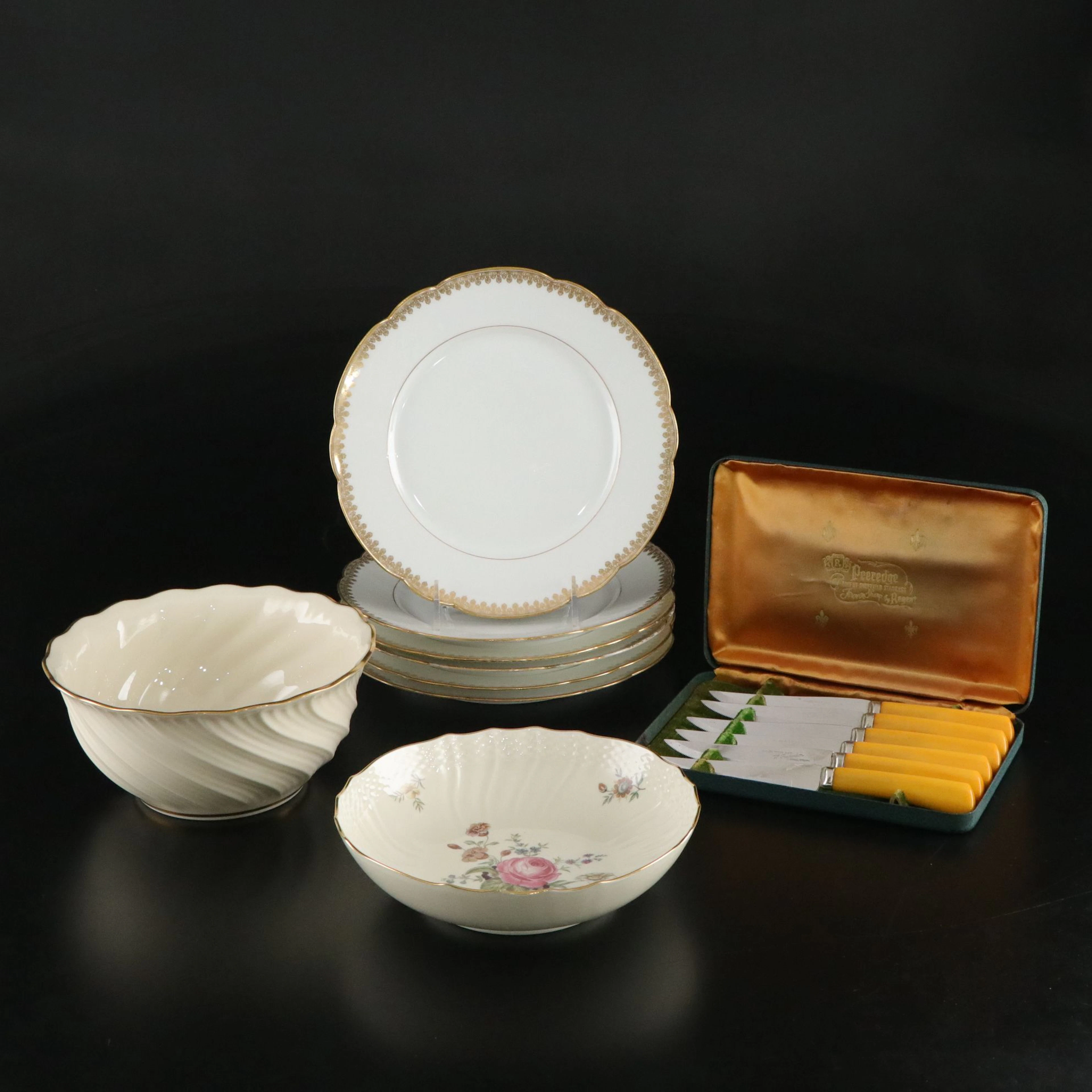 Lenox 24K Gold Hand Decorated Bowl, Scalloped Porcelain Plates, & More