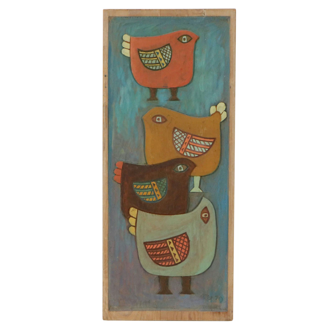 American Folk Art Carved Wood Plaque Depicting Four Birds, 1970