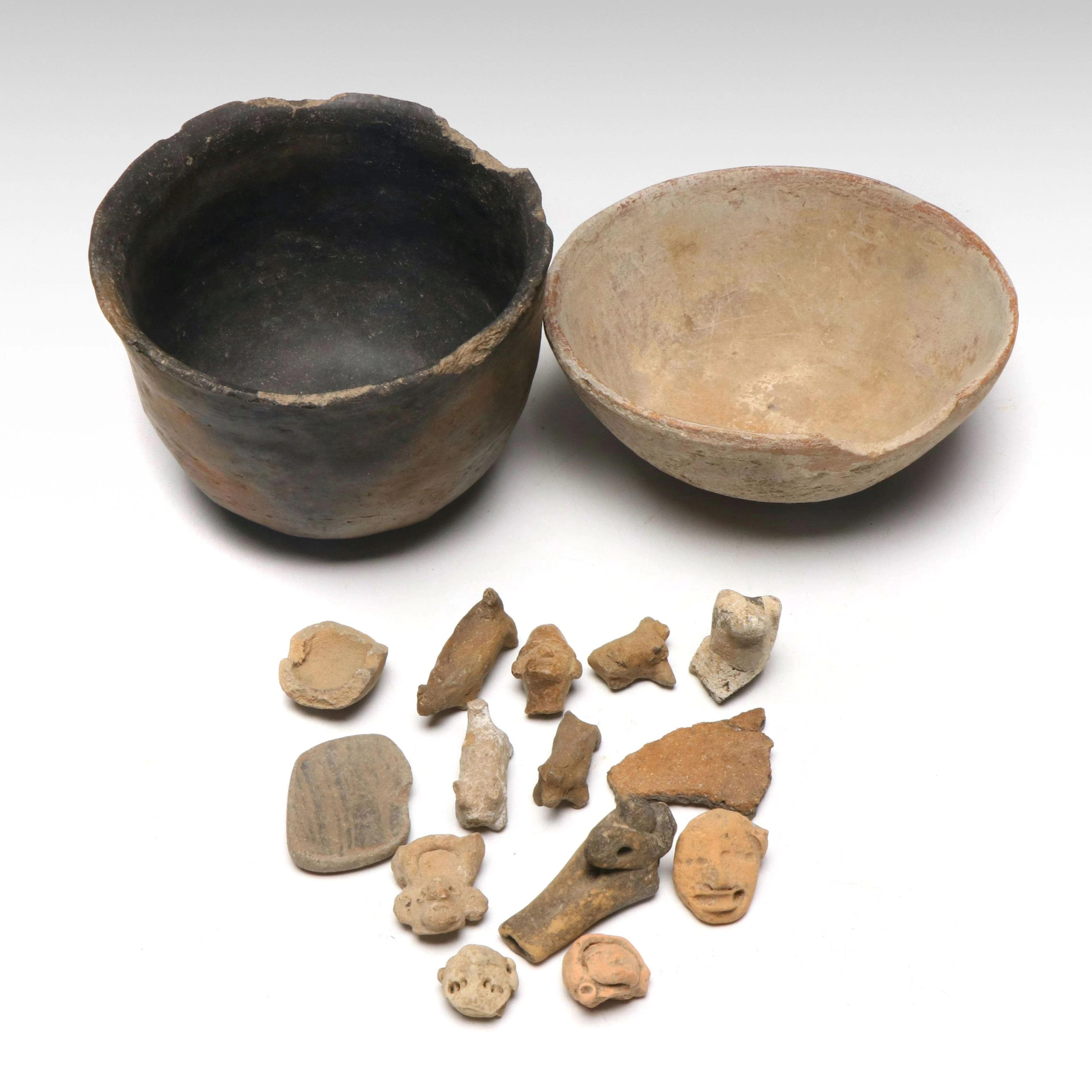 Ancestral Puebloan Earthenware Bowls and Fragments with Maya Pottery Figures
