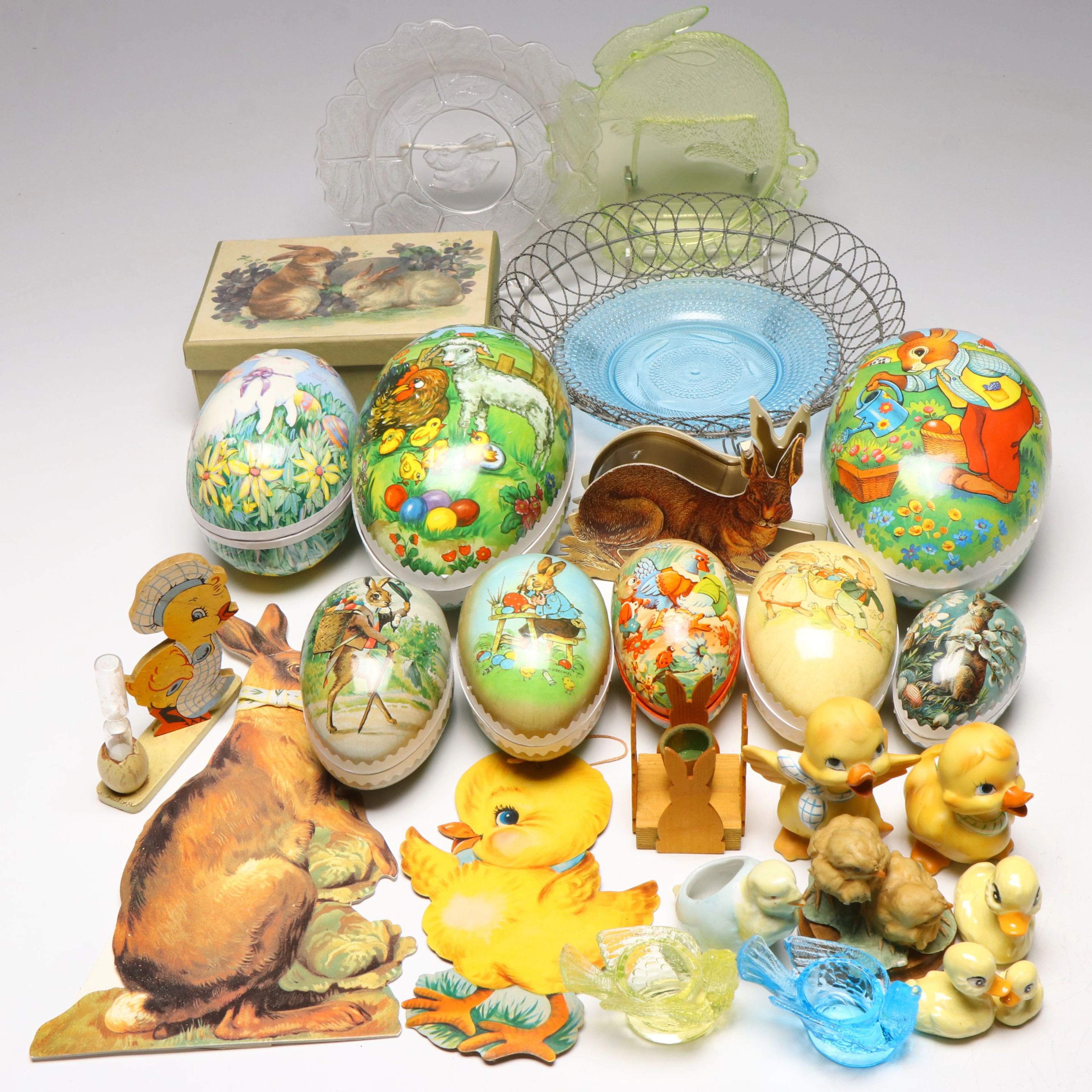 Pressed Vaseline Glass Rabbit Plate and More Easter Décor, Mid-20th C.