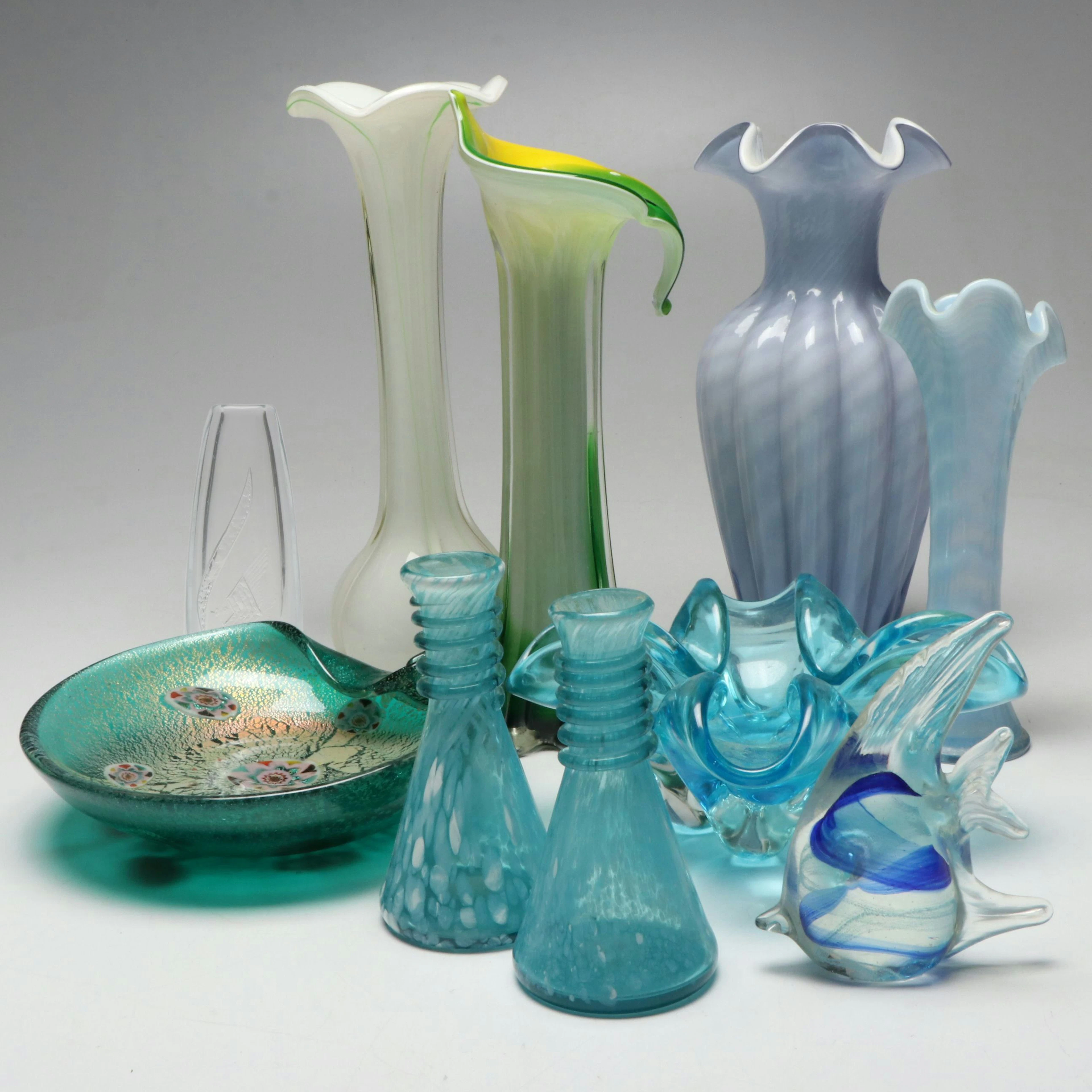 Handblown Art Glass Vases with Multicolor Dichroic Bowl and More Décor