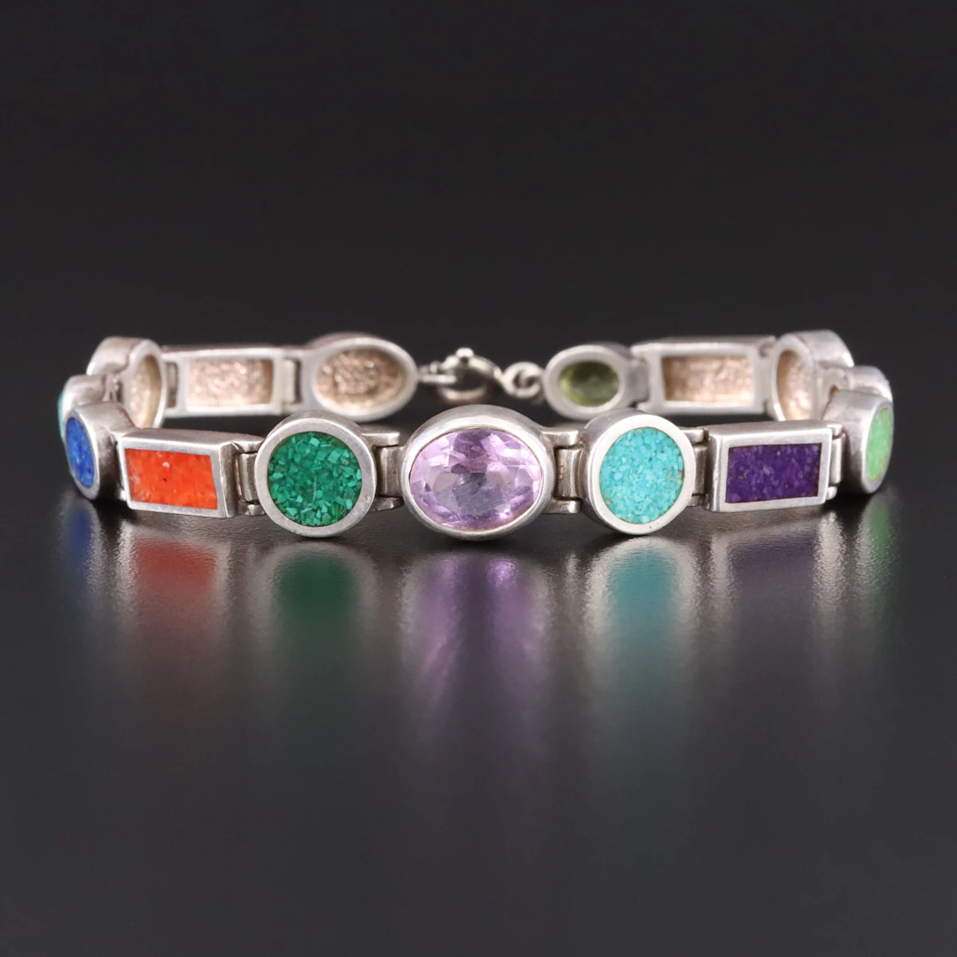 Sterling Link Bracelet Featuring Amethyst, Blue Topaz and Citrine