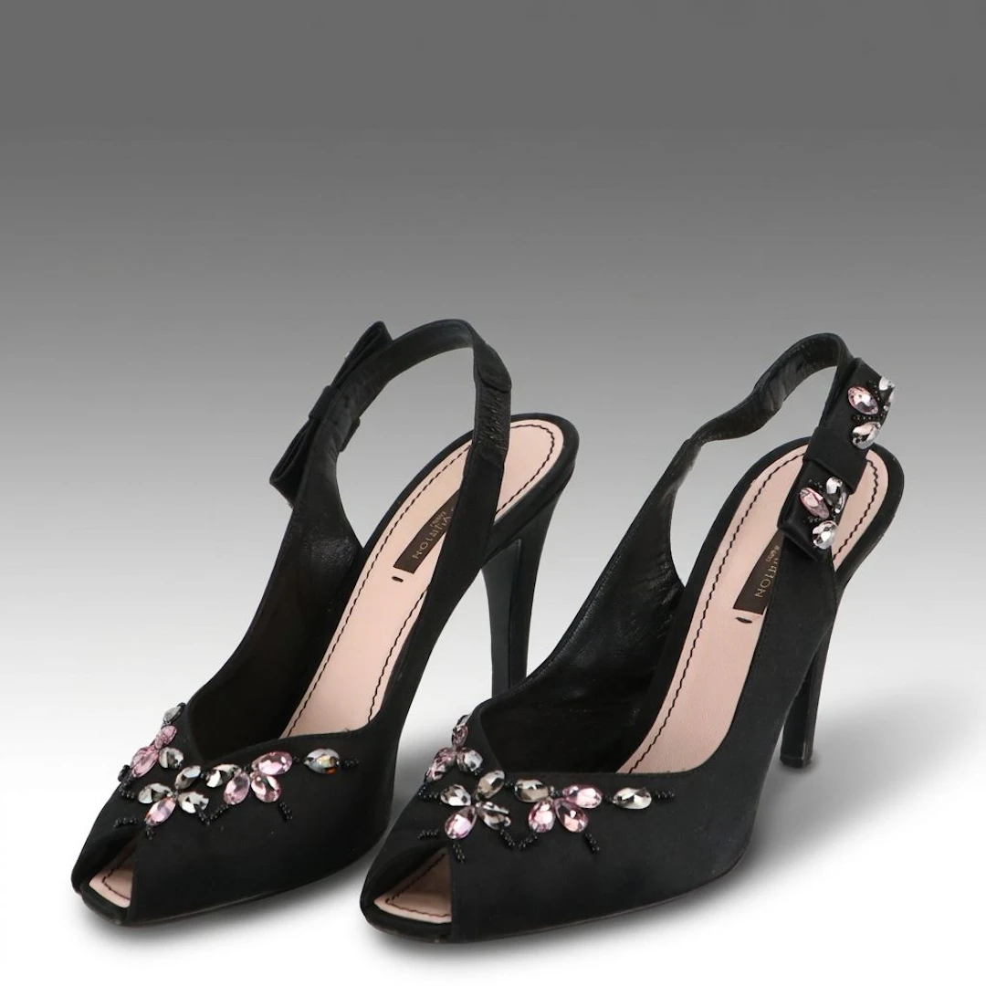 Louis Vuitton Menara Crystal Embellished Peep-Toe Slingback Heels