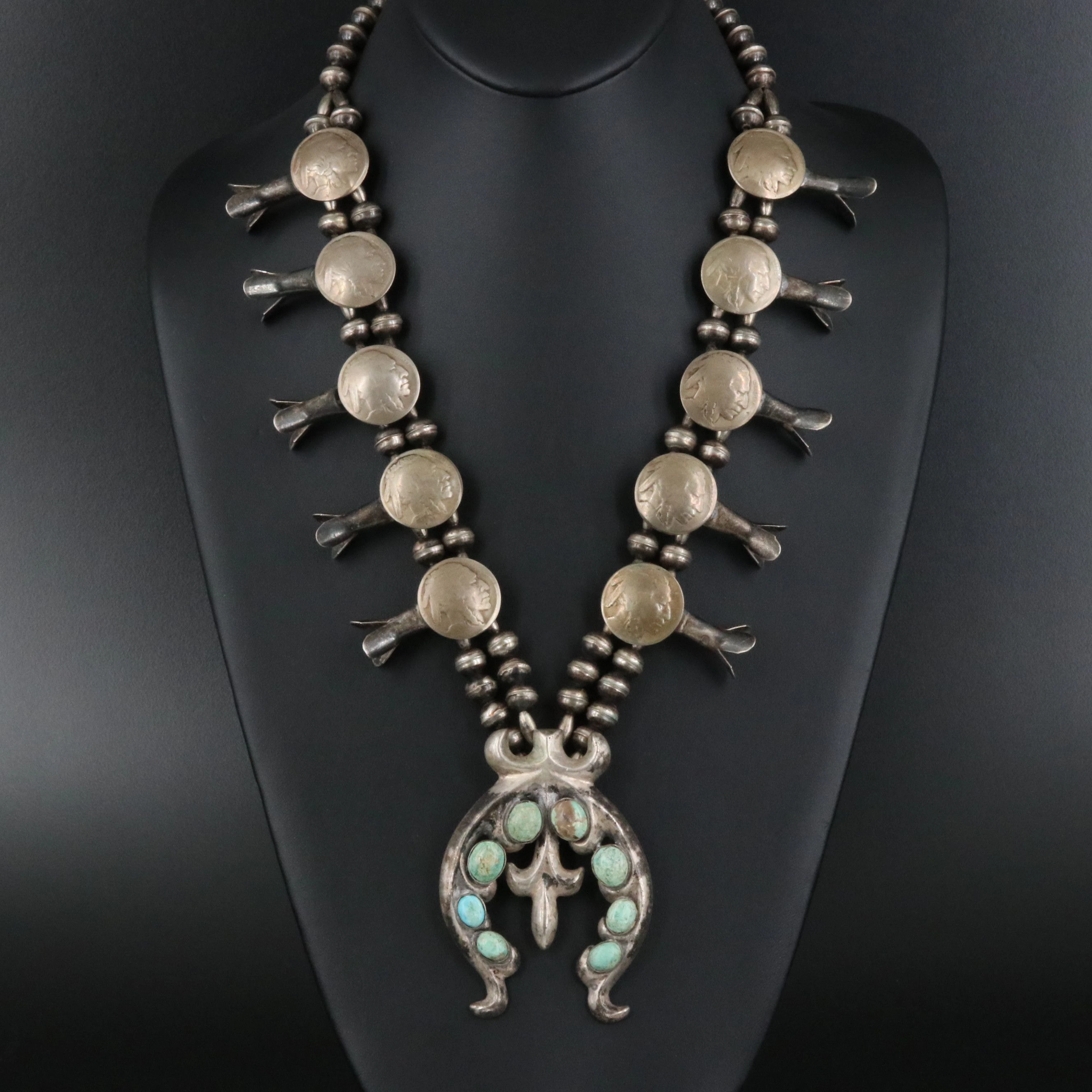 Vintage Southwestern Silver Turquoise Squash Blossom & Buffalo Nickel Necklace