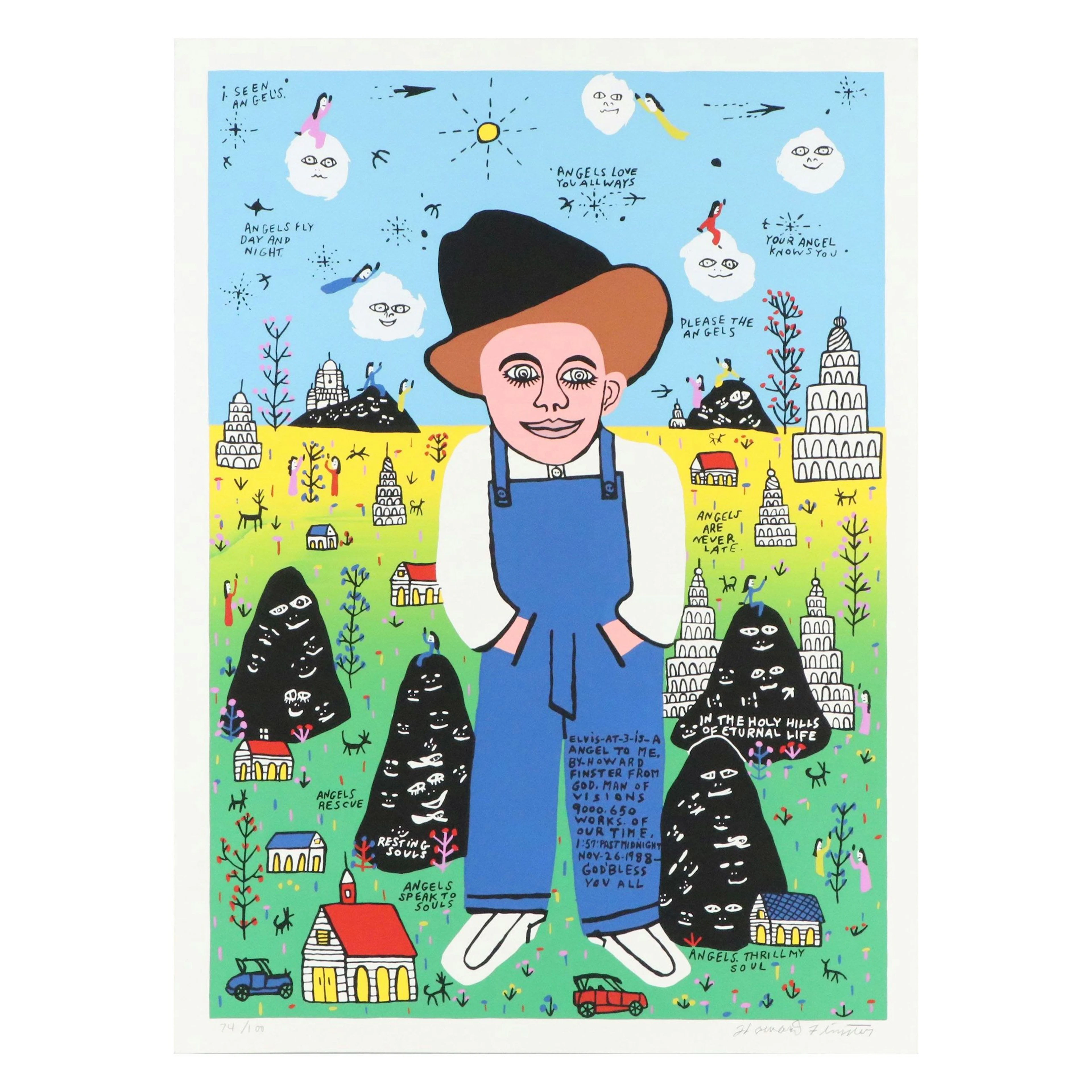 Howard Finster Folk Art Serigraph "Elvis at 3 is an Angel to Me," 20th Century