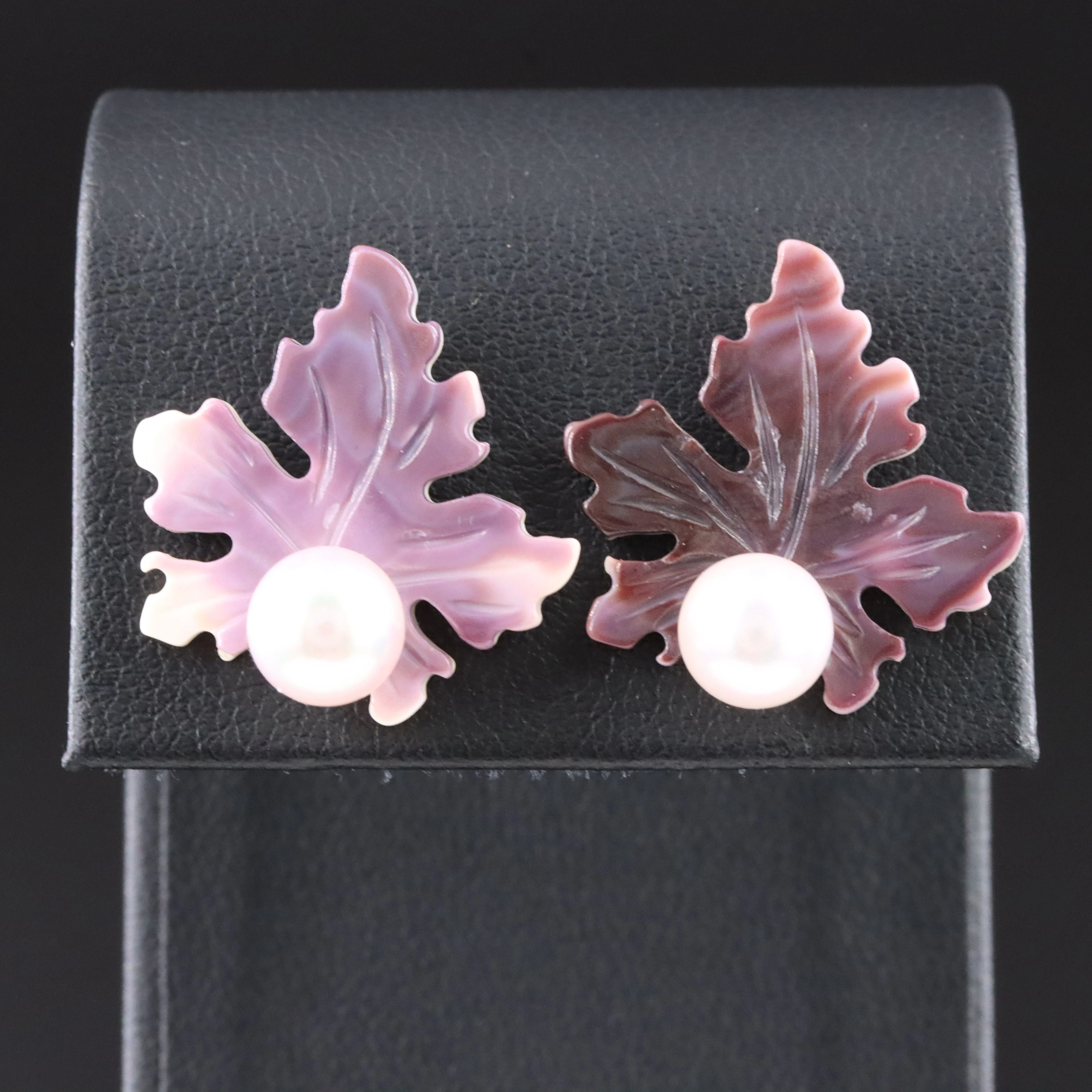 18K Pearl Stud Earrings with Carved Shell Leaf Enhancers