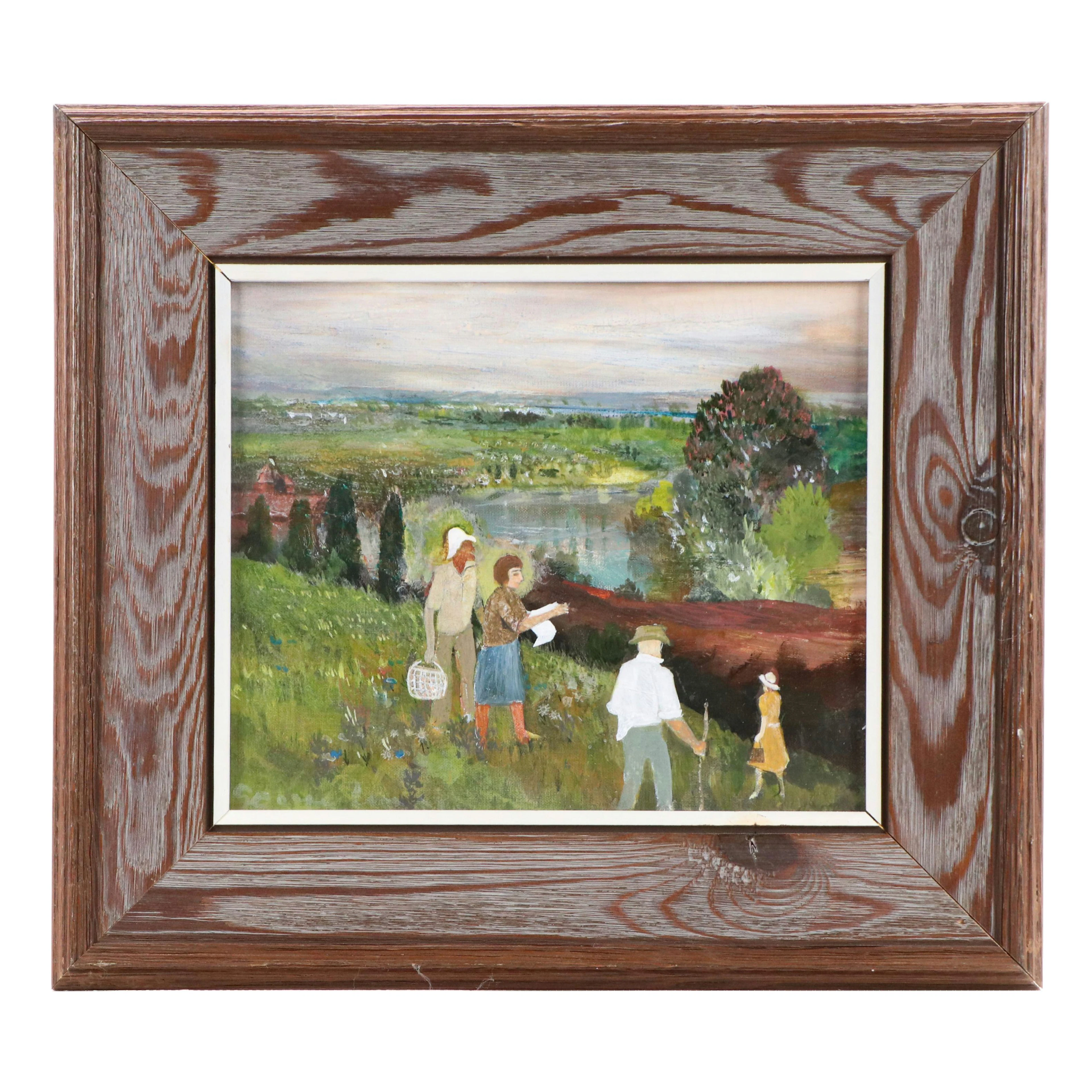 Outsider Art Oil Painting of Figures in a Rural Landscape