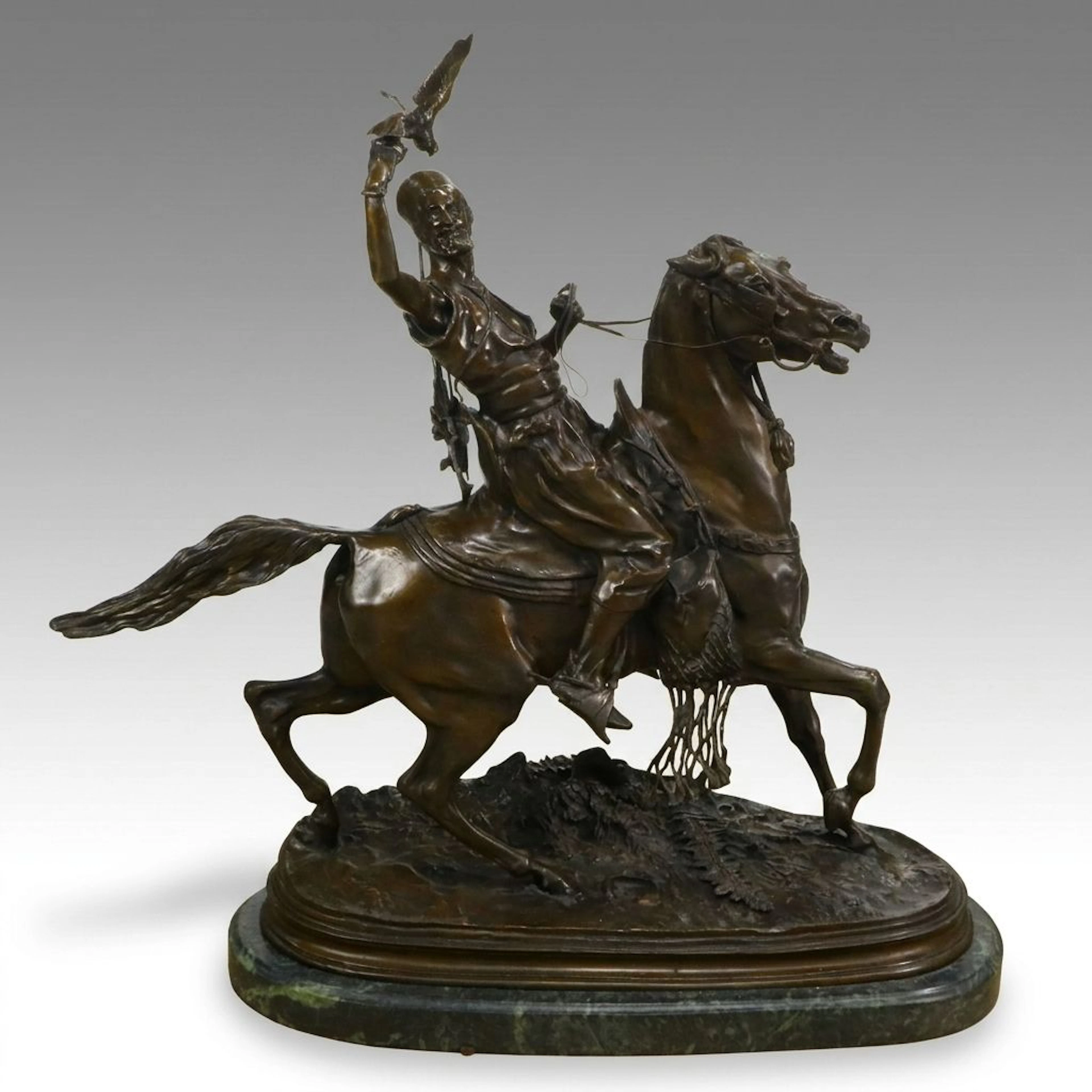 Pierre-Jules Mêne Bronze Sculpture "Fauconnier arabe à cheval," Late 19th C.
