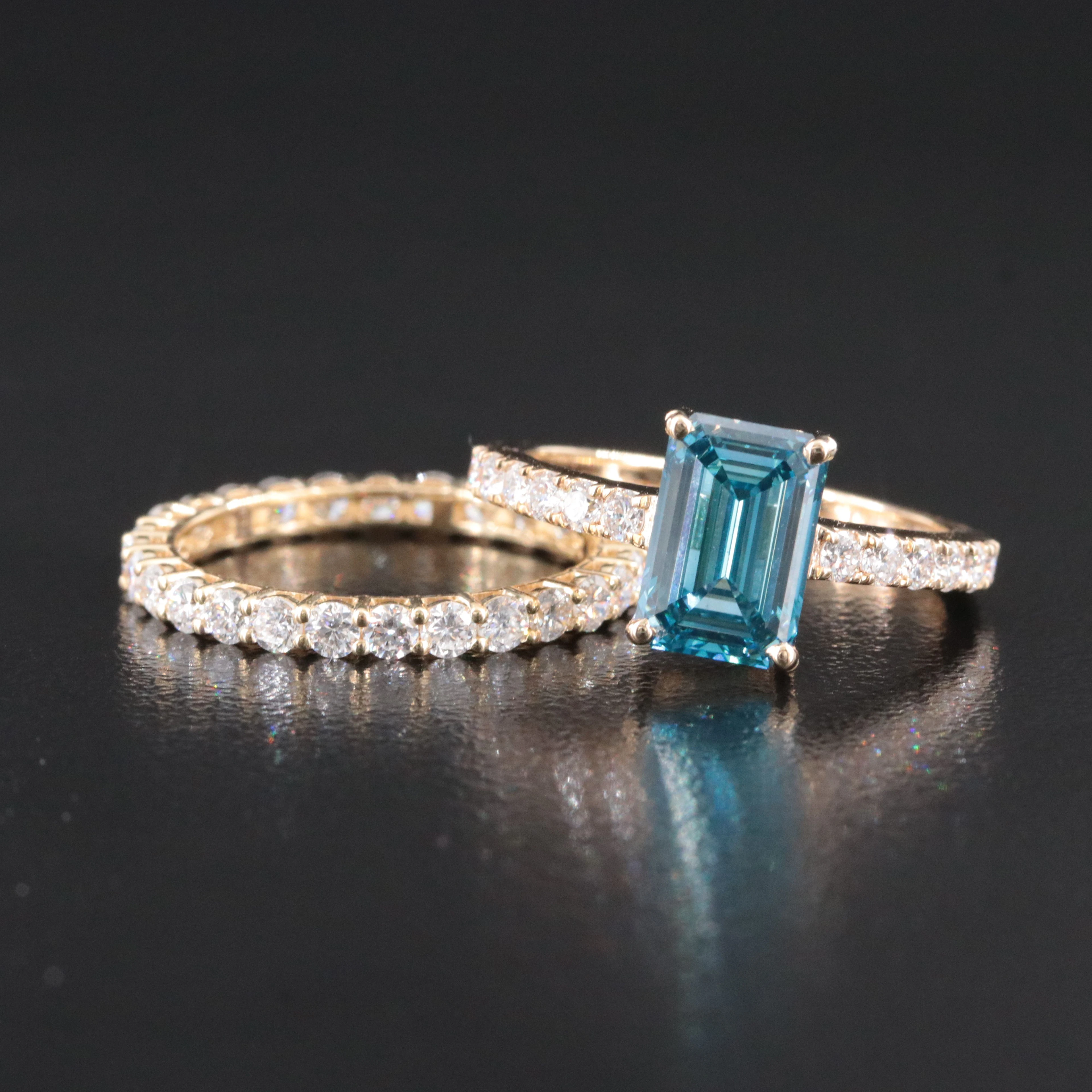 14K 3.70 CTW Lab Grown Diamond Ring and Eternity Band with Fancy Blue Center