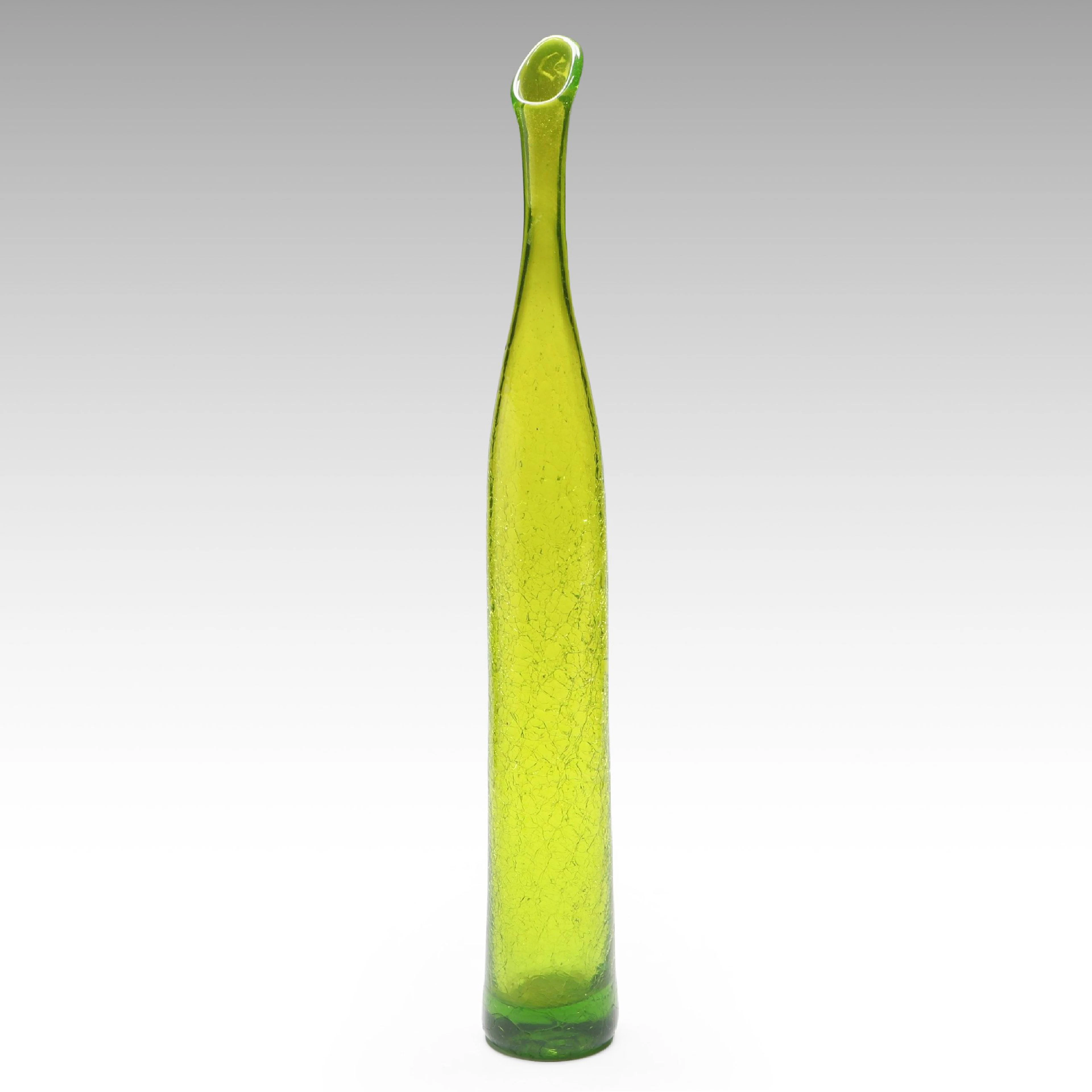 Mid Century Modern Blenko Olive Crackle Glass Bottle Vase, 1960s