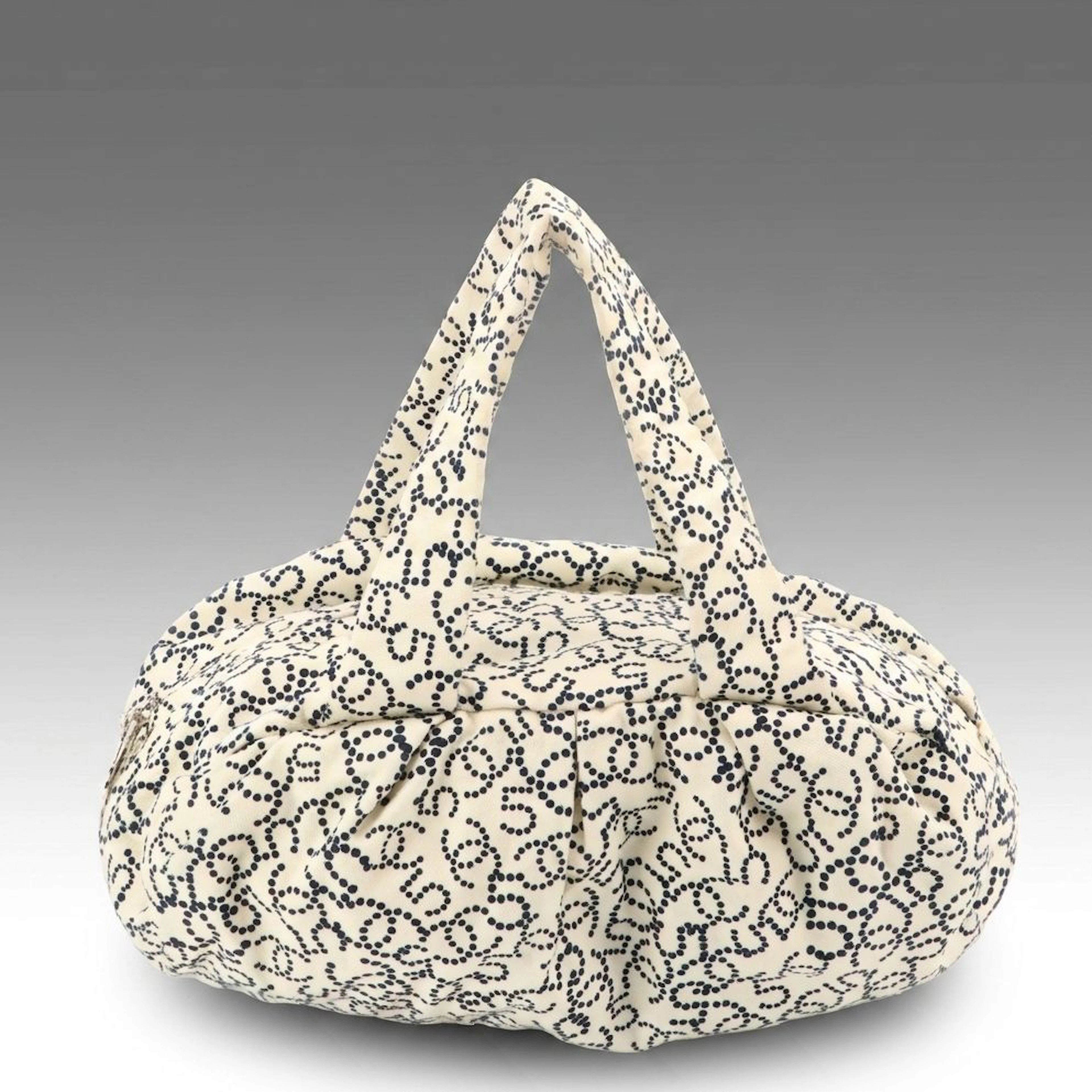 Chanel CC #5 Logo Printed Pleated Canvas Tote Bag in White/Navy
