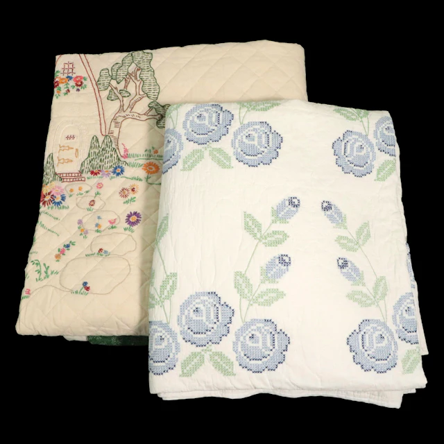 Handmade Embroidered Cottage Scene and Blue Floral Cotton Quilts