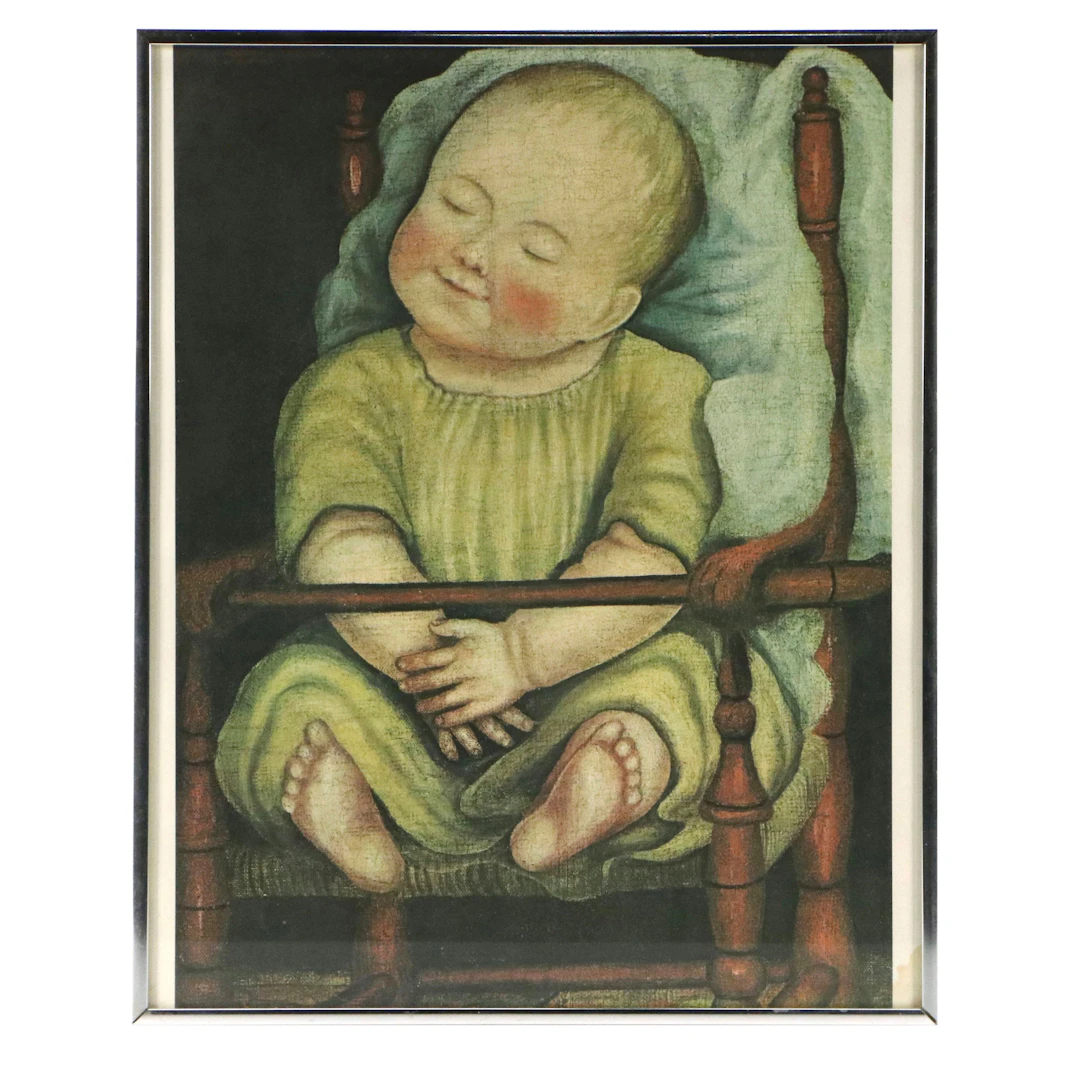 Stylized Offset Lithograph "Baby in Red Chair," Late 20th Century