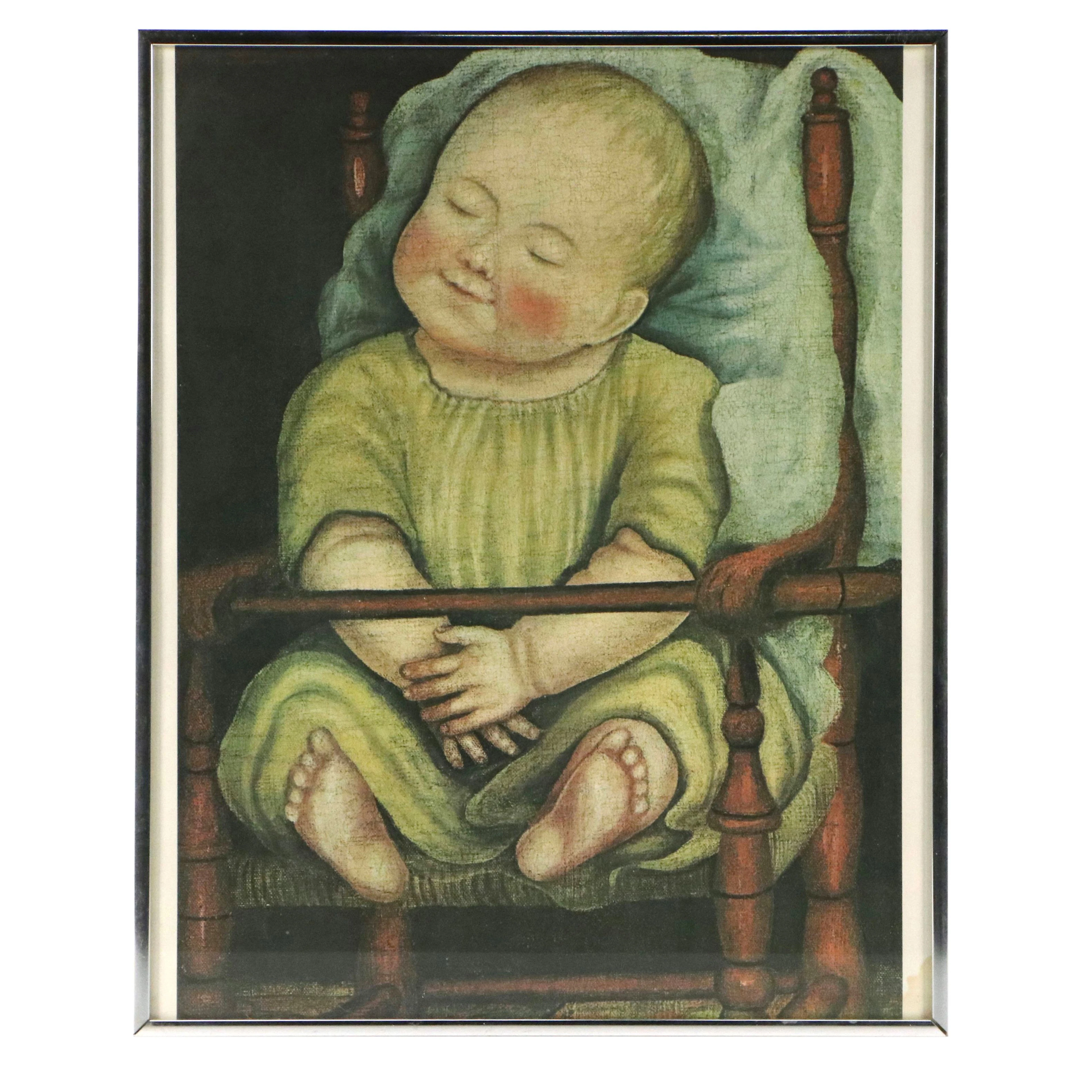 Stylized Offset Lithograph "Baby in Red Chair," Late 20th Century