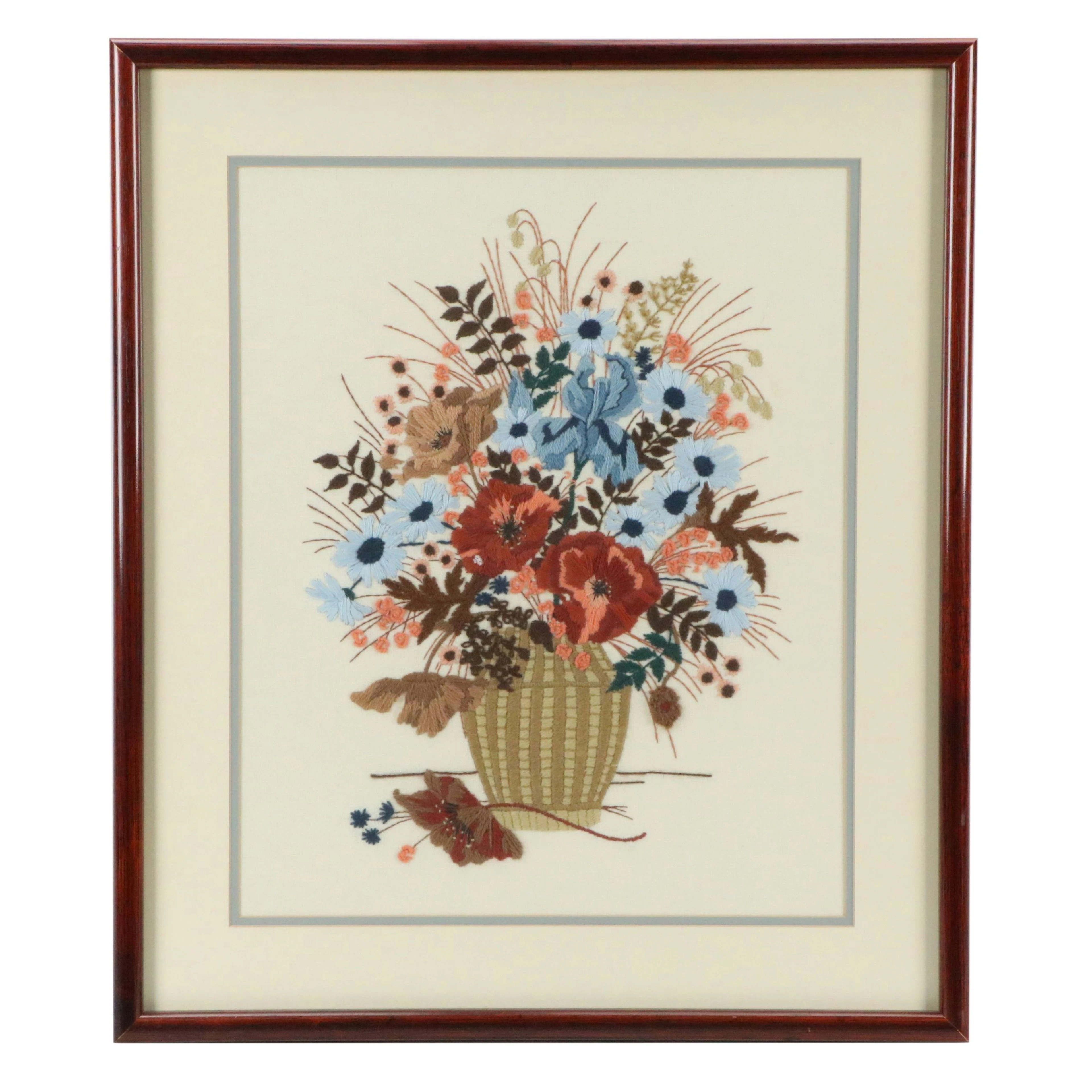 After Gloria Eriksen Crewel Embroidery "Blue and Rust Bouquet," Circa 1982
