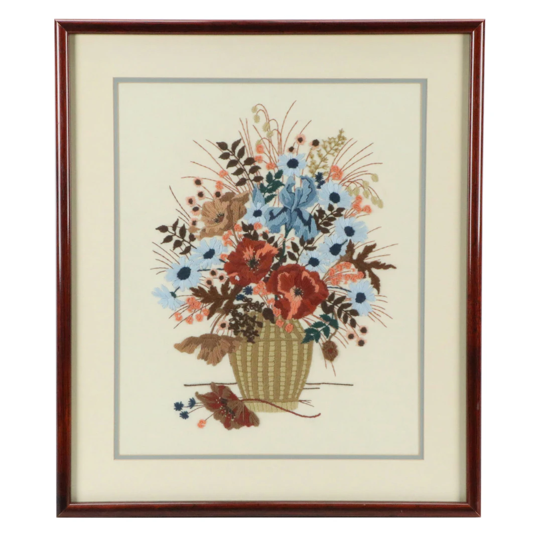 After Gloria Eriksen Crewel Embroidery "Blue and Rust Bouquet," Circa 1982
