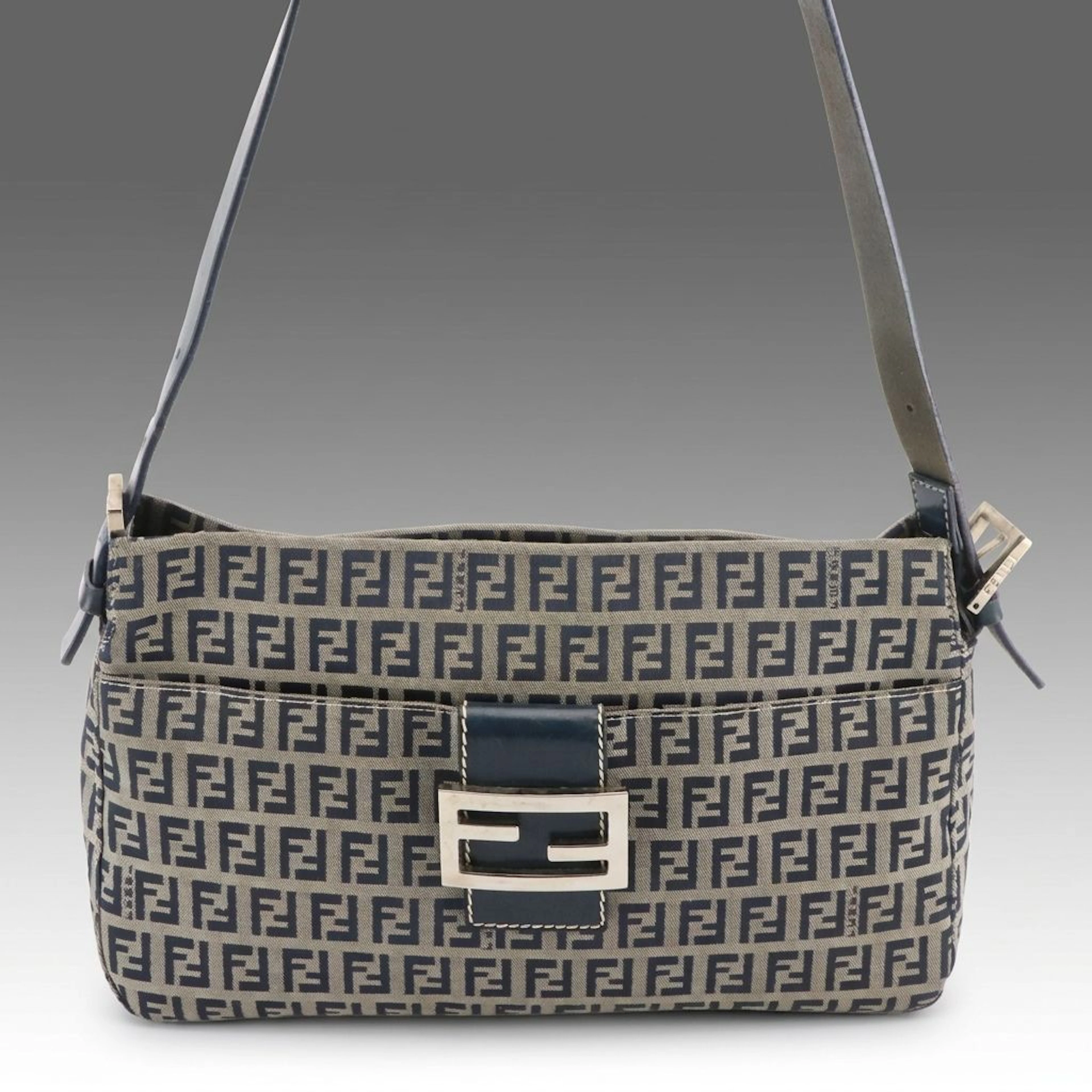 Fendi Zip Top Shoulder Bag in Navy Blue Zucchino Jacquard Canvas