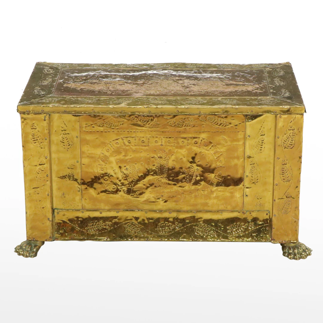 Anglo-Indian Style Hand-Chased Brass-Clad Chest with Claw Feet, 20th Century