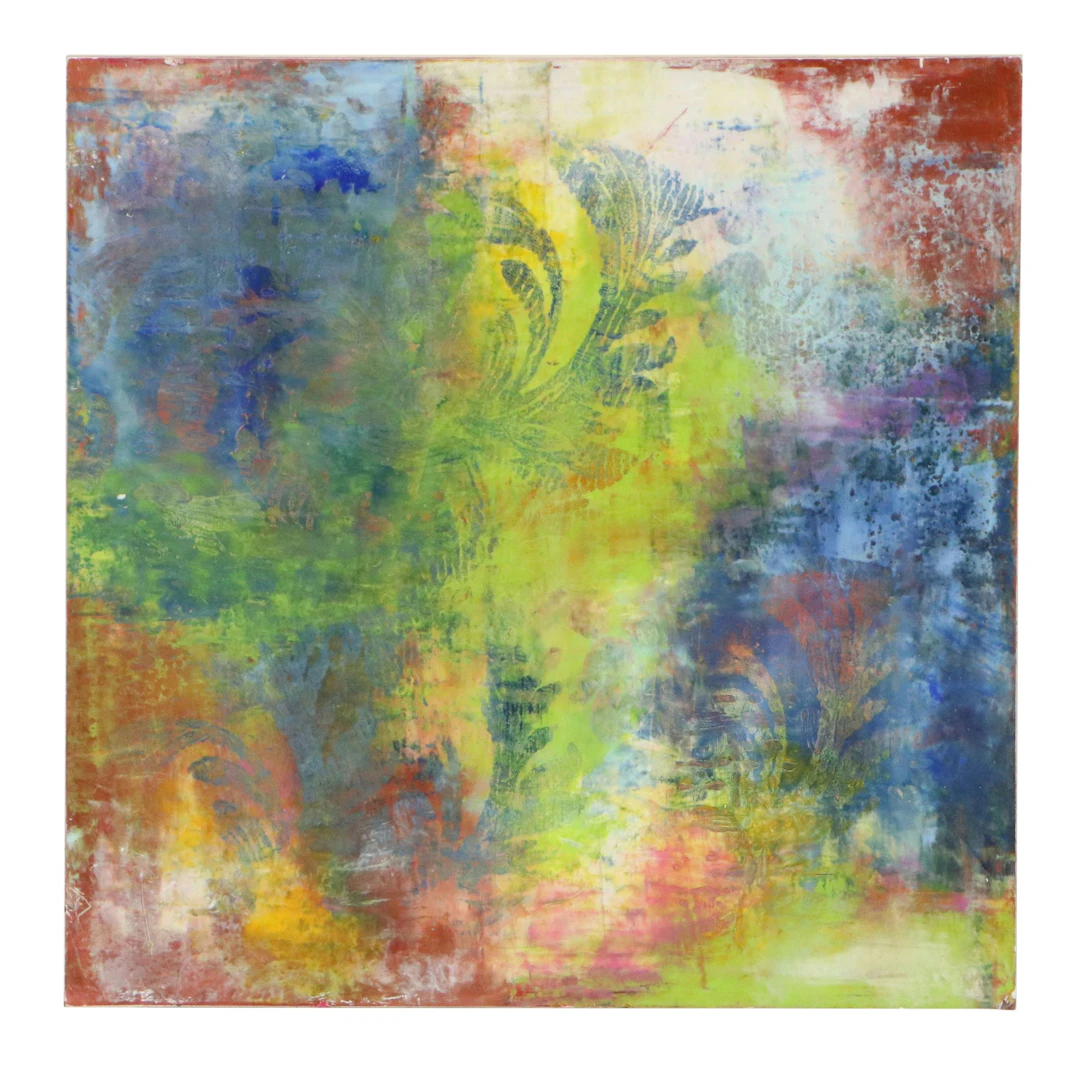 Dottie Abramowski Abstract Mixed Media Painting "Green Fields," 21st Century