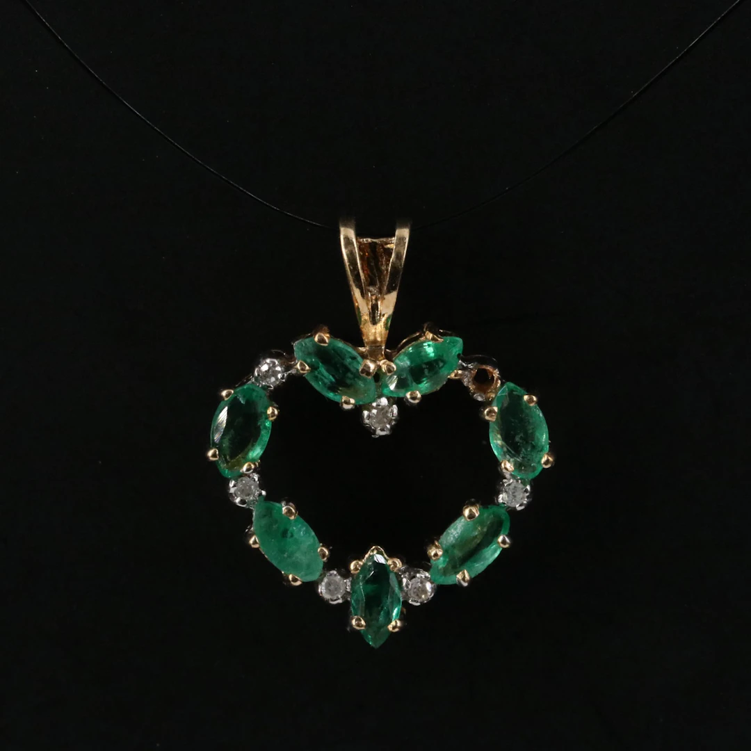 14K Emerald and Diamond Heart Pendant
