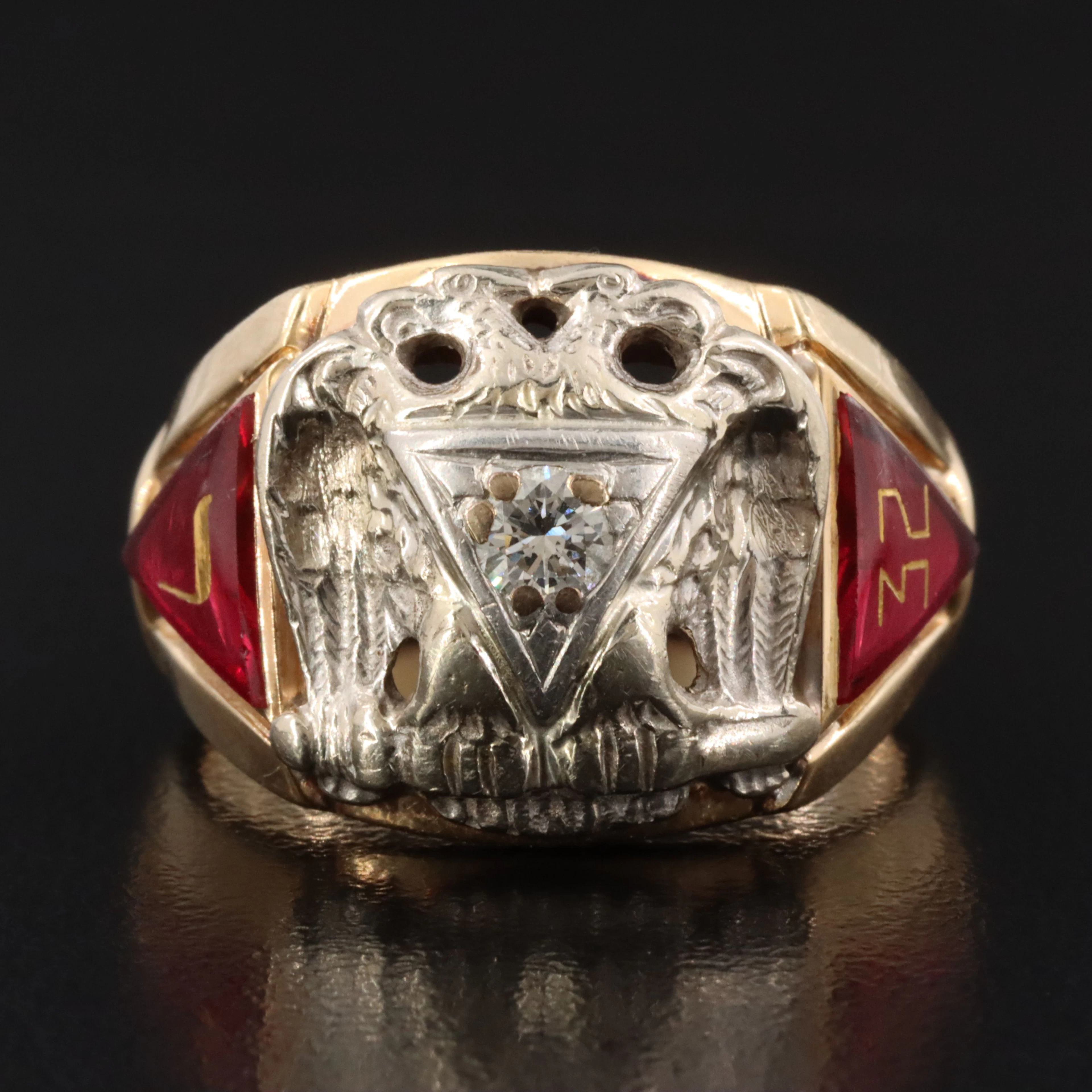 14K 0.18 CT Diamond and Ruby 32 Degree Masonic Ring