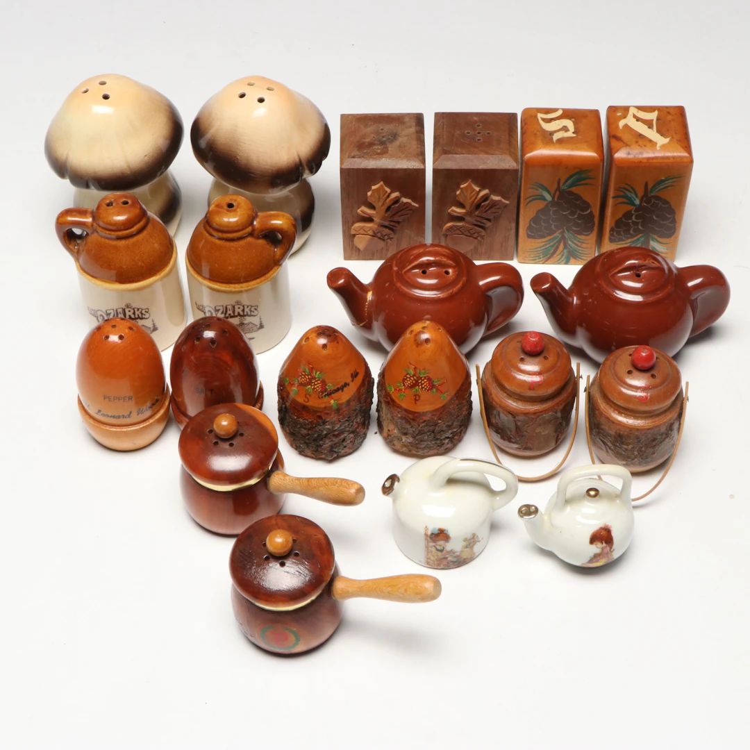 Turned Wood and Ceramic Novelty Salt and Pepper Shakers