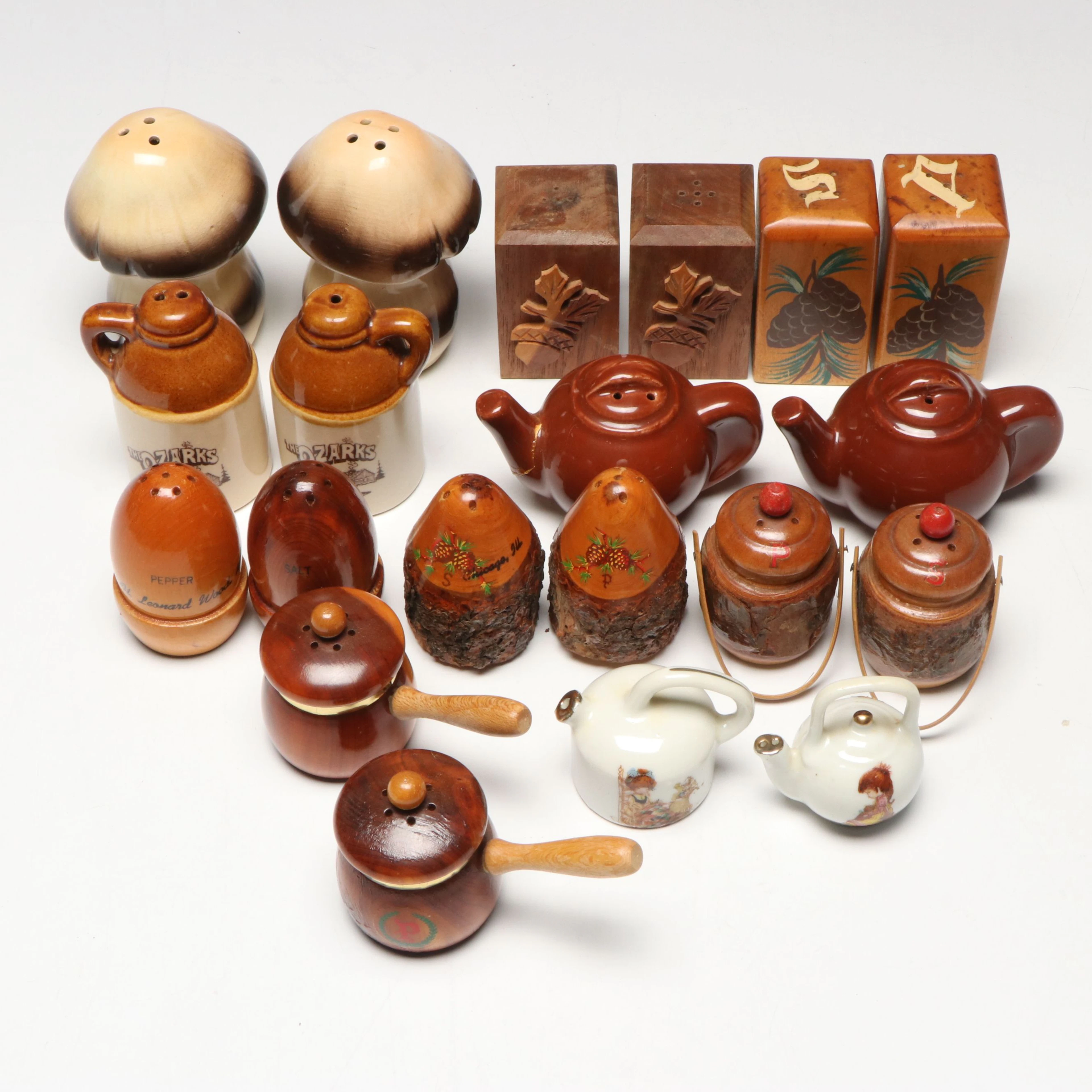 Turned Wood and Ceramic Novelty Salt and Pepper Shakers