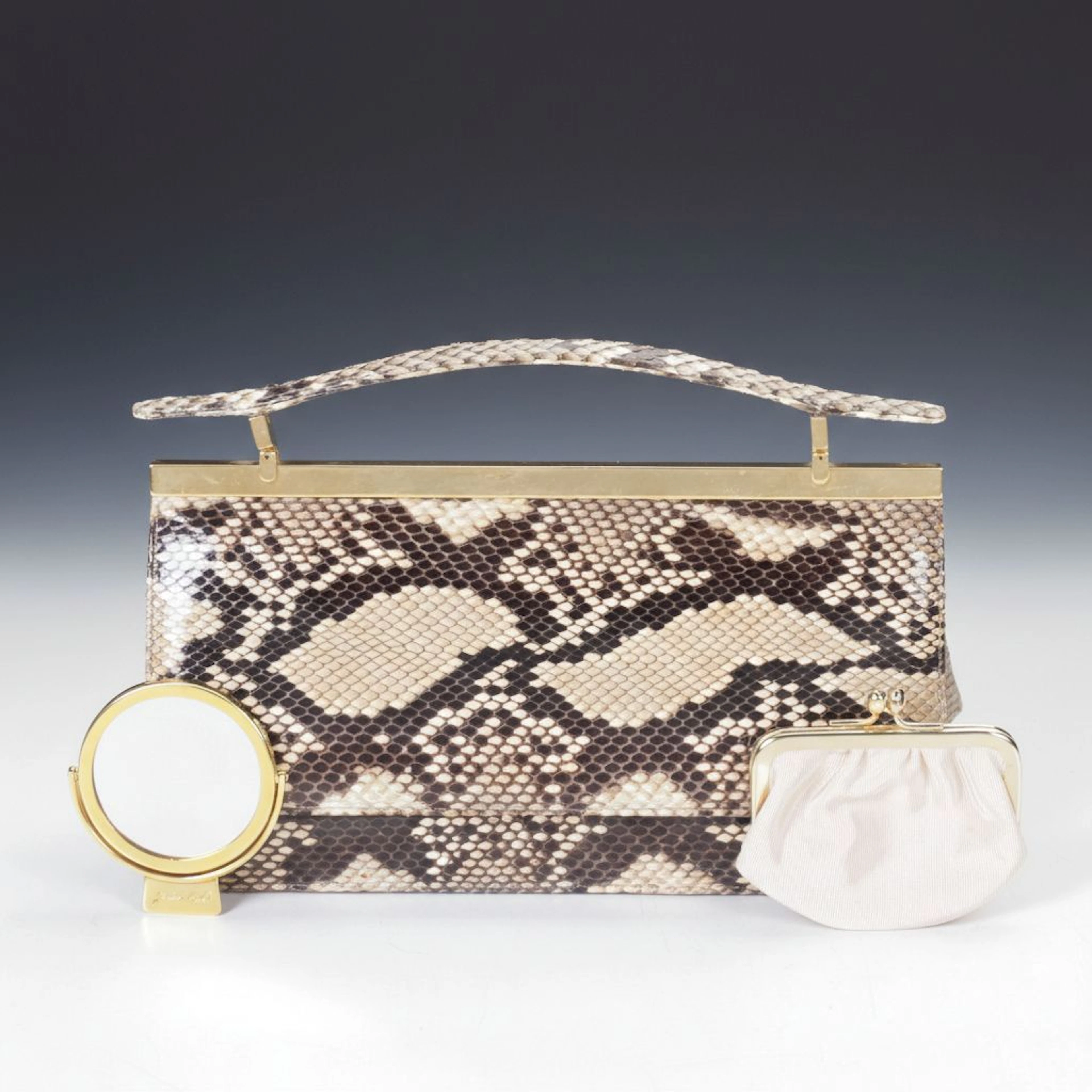 Judith Leiber Snakeskin Python Clutch Handbag with Compact Mirror