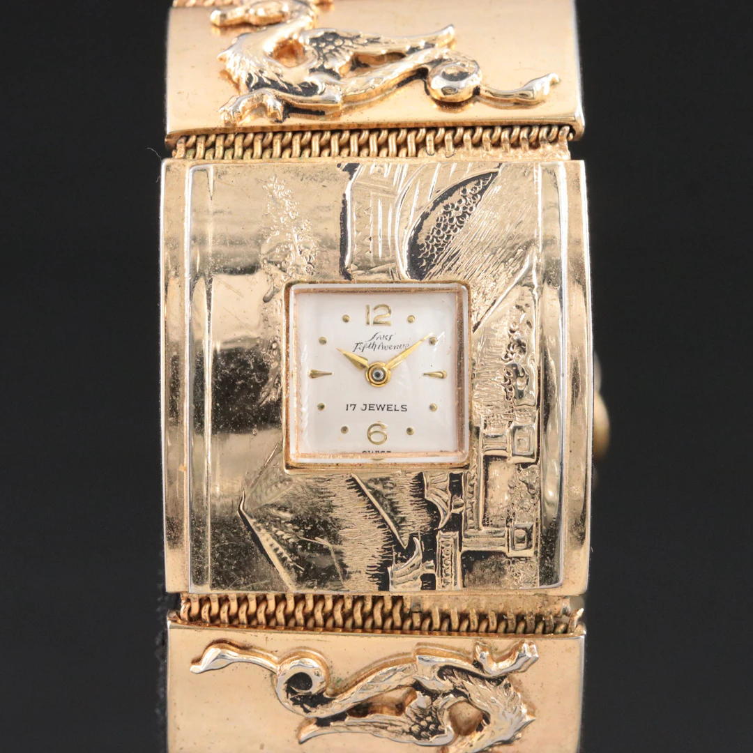 Vintage Saks Fifth Avenue Dragon Gold Tone Stem Wind Panel Cuff Watch