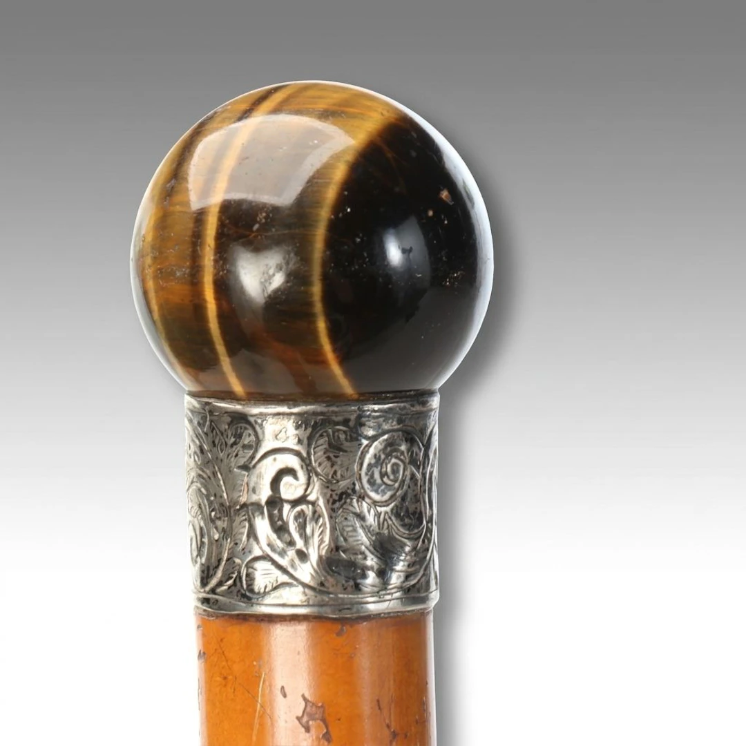 Victorian Sterling Silver and Glass Knob Handled Walking Stick