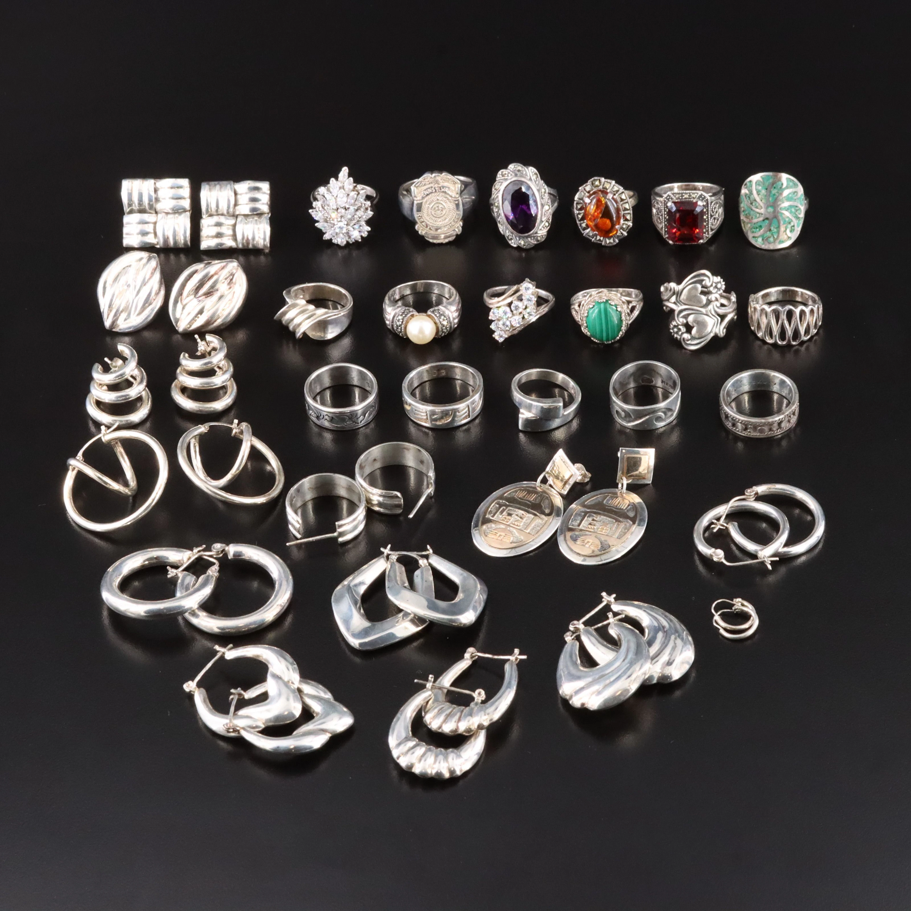 Sterling Ring & Earrings Collection Featuring CZ, Malachite and Amber