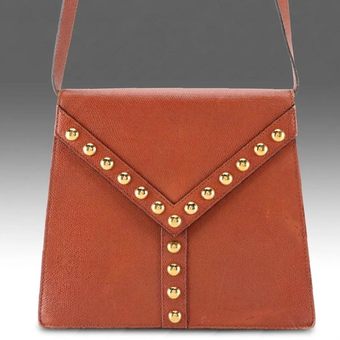 Yves Saint Laurent Envelope Flap Crossbody Bag in Studded Brown Grained Leather