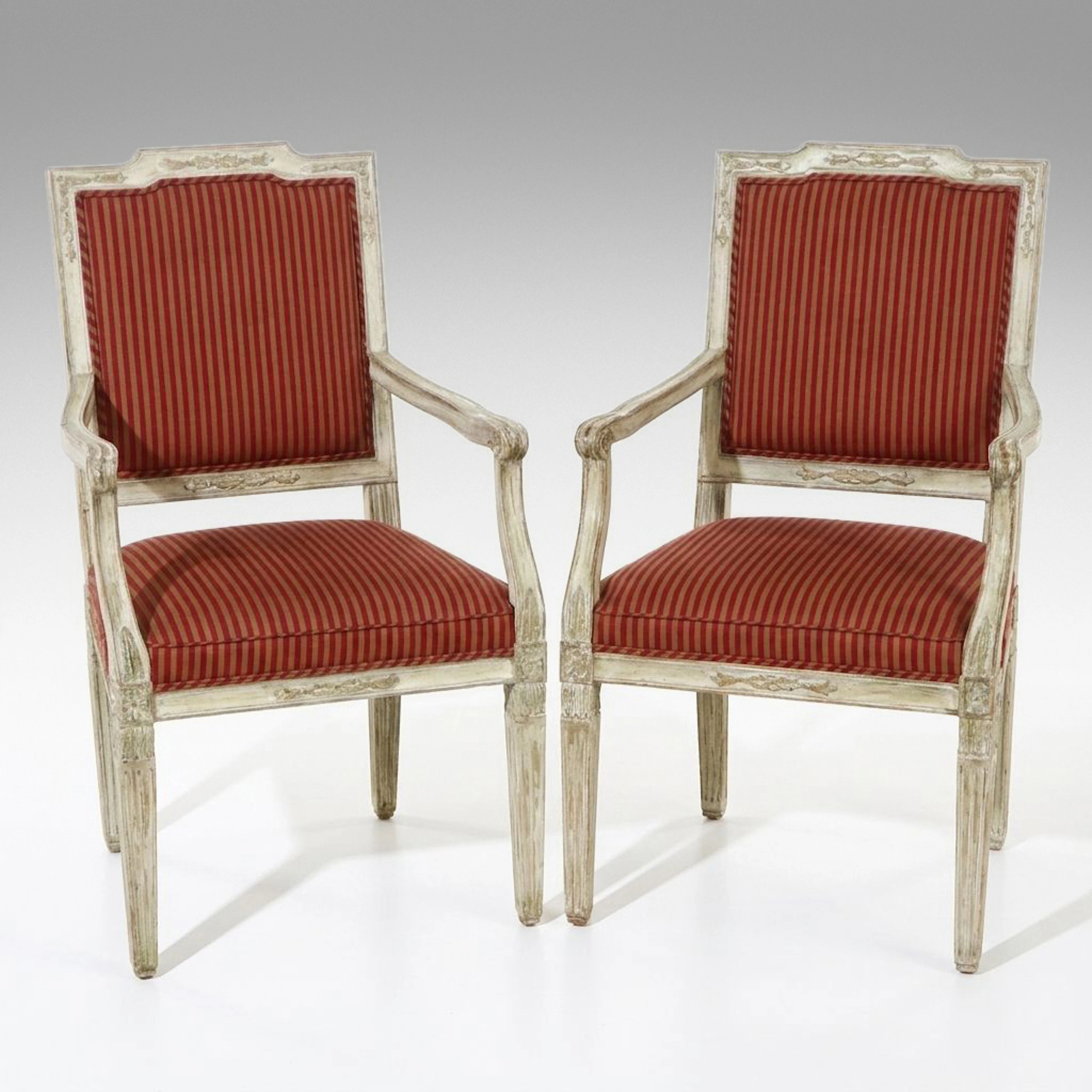 Pair of Minton-Spidell Gustavian Style Distressed Painted Armchairs