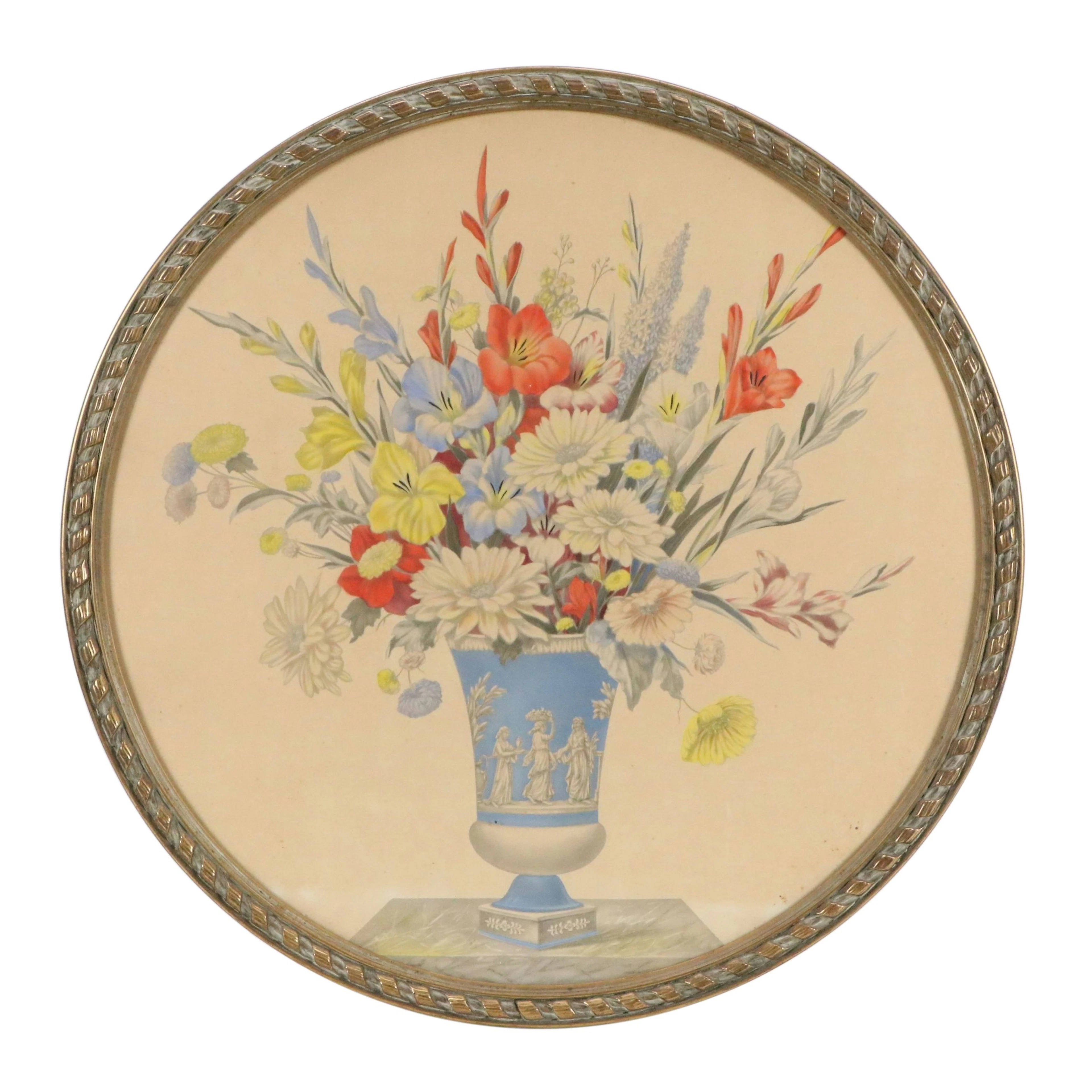 Hand-Colored Collotype of Floral Arrangement in Greco-Roman Vase, 19th–20th C.