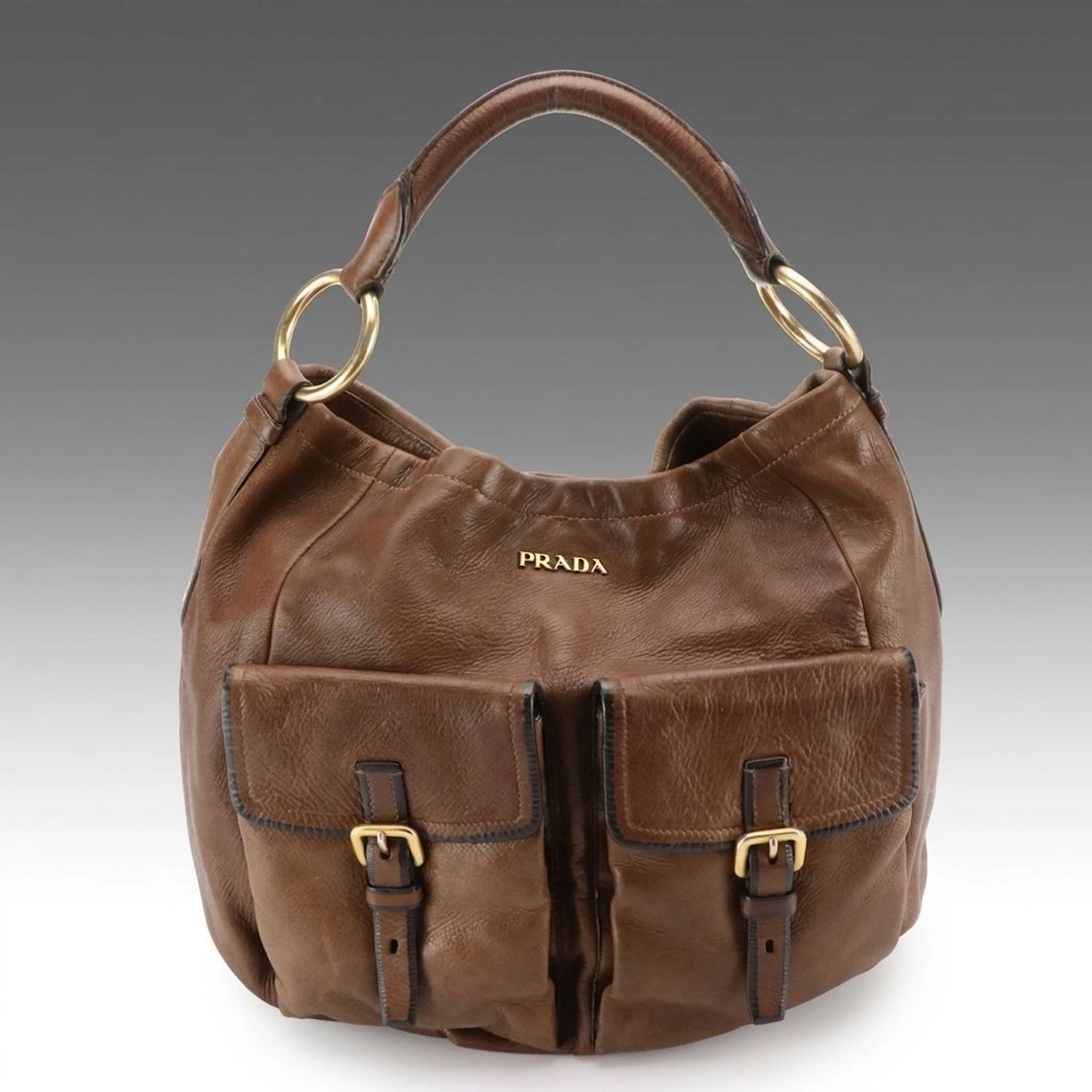 Prada Double Front Pocket Hobo Tote Bag in Brown Pietra Cervo Shine Leather