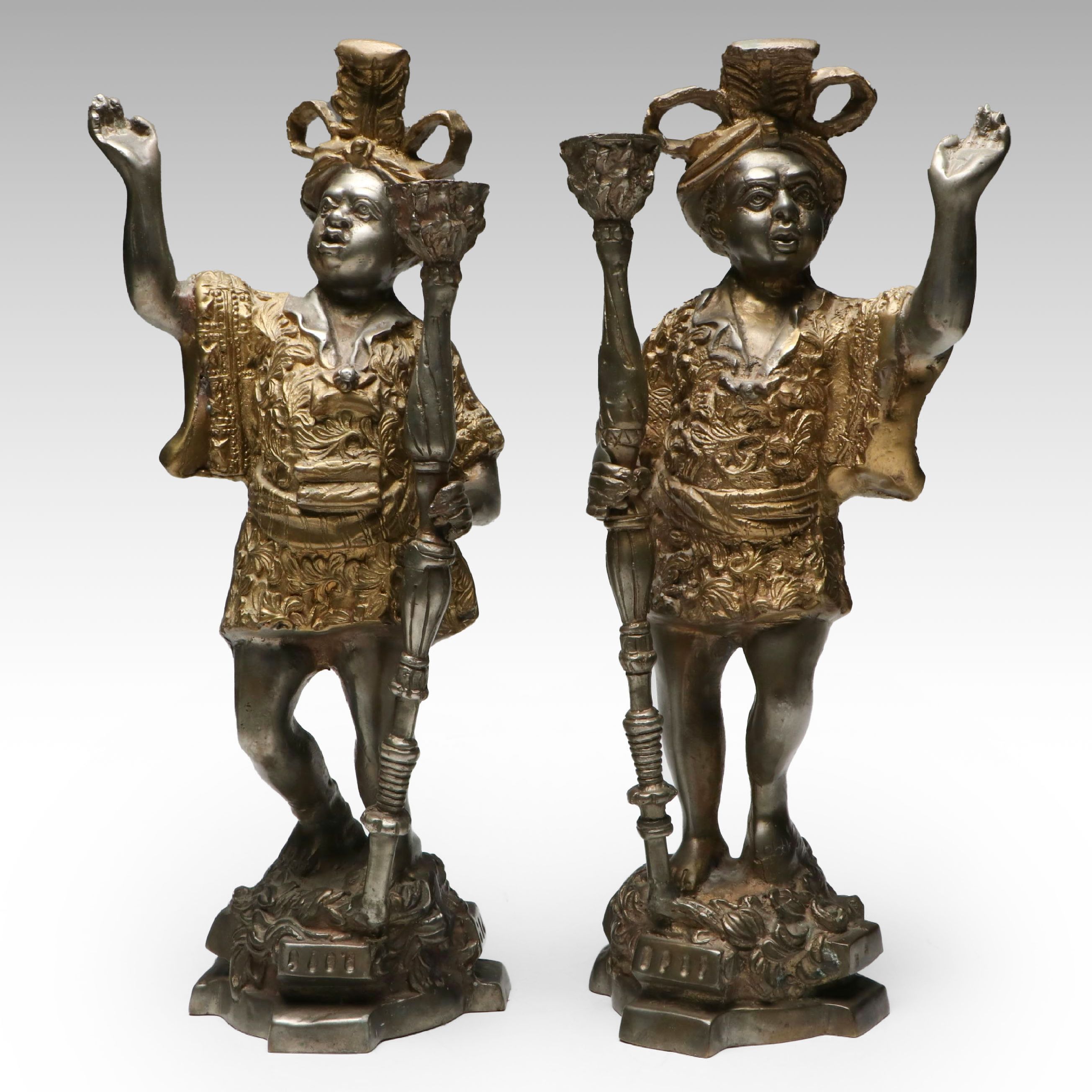 Pair of Cast Metal Blackamoor Figural Candle Holders, Early to Mid-20th C.
