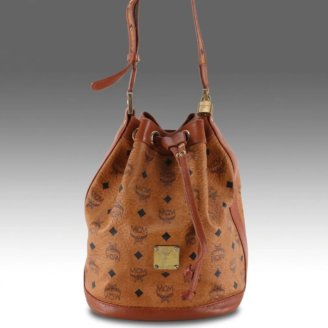 MCM Drawstring Bucket Bag in Visetos Canvas and Nappa Leather Trim