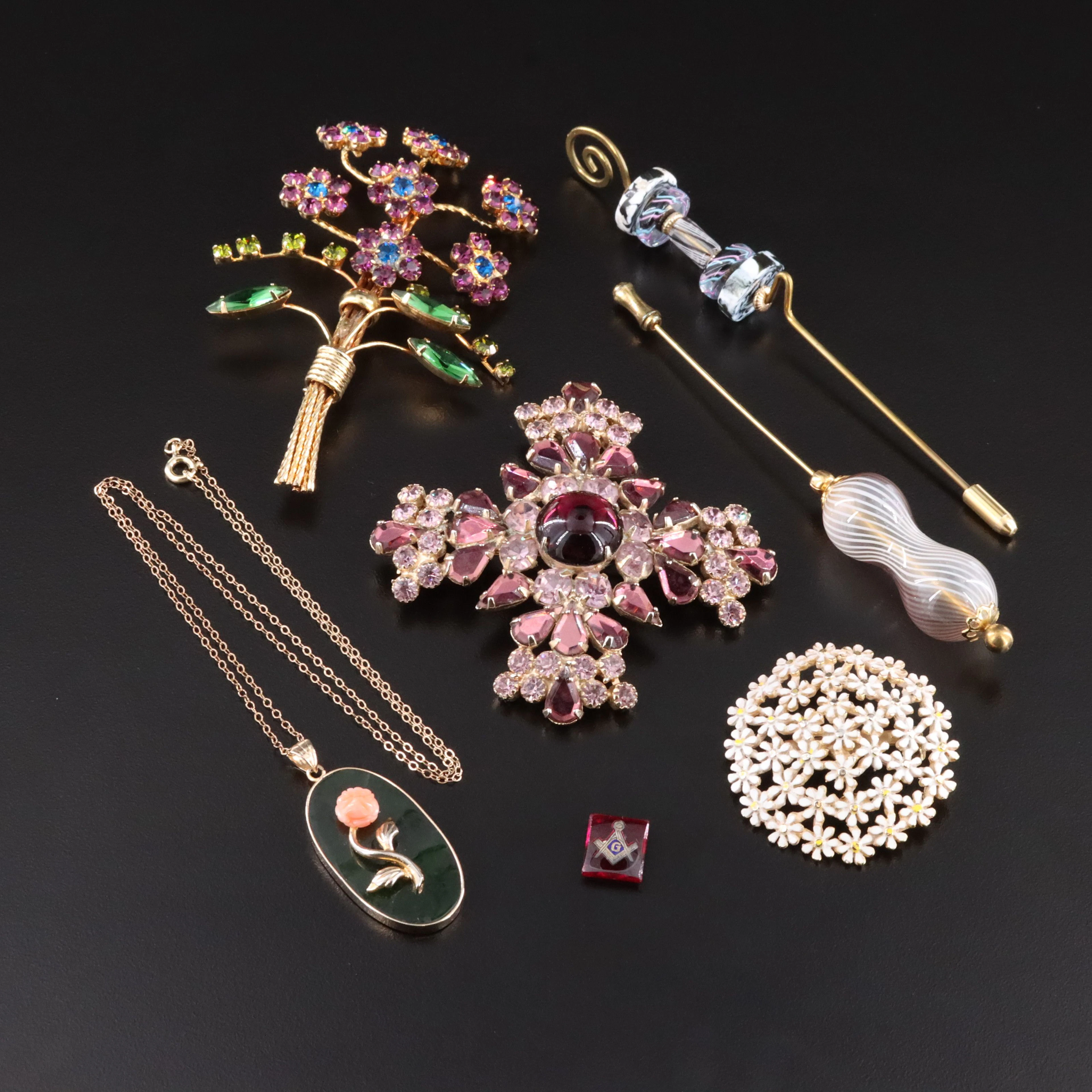 Blown Glass, Nephrite, Coral and Rhinestones Featured in Vintage Jewelry
