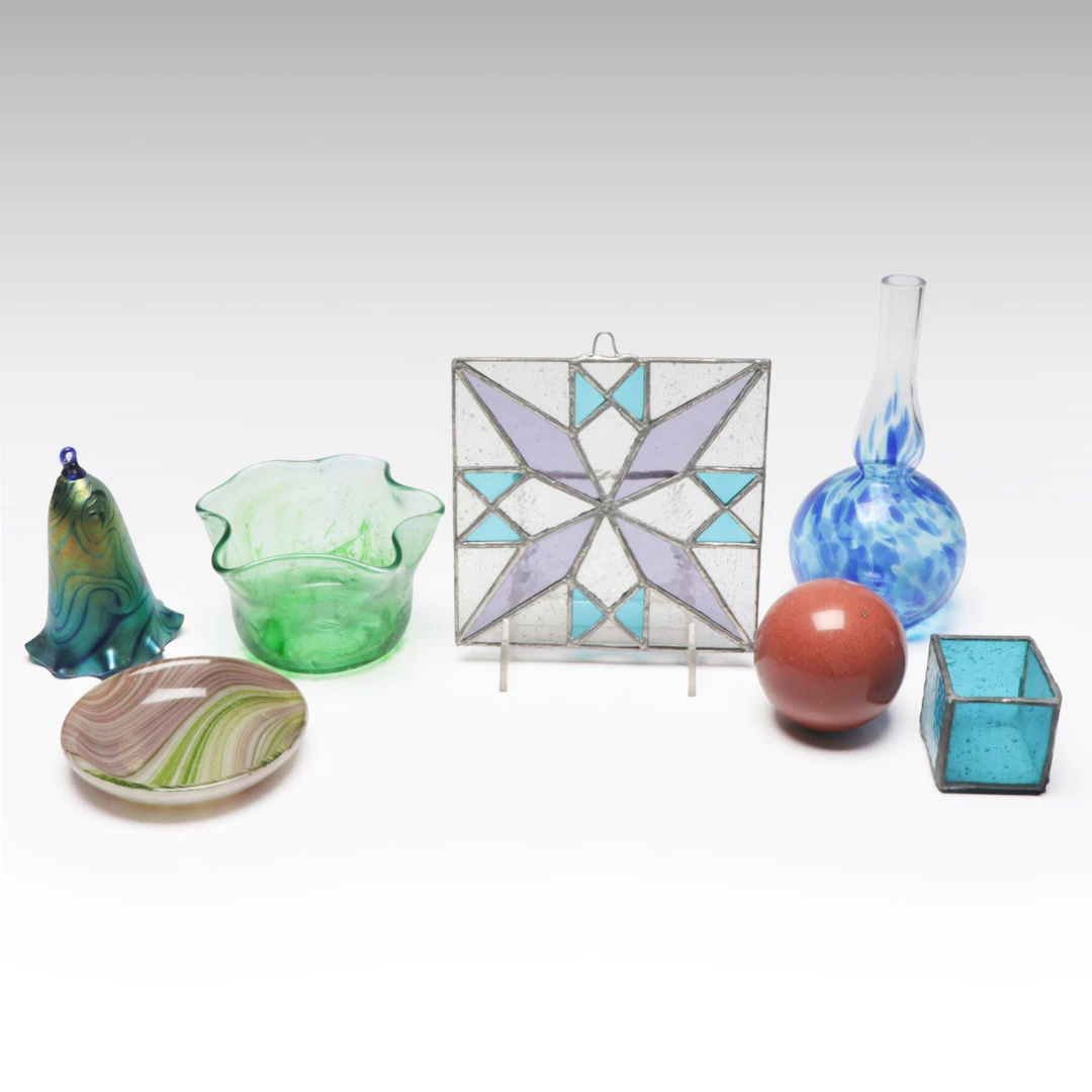 Stained Art Glass Panel, Handkerchief Glass Bowl, and More Glass Décor